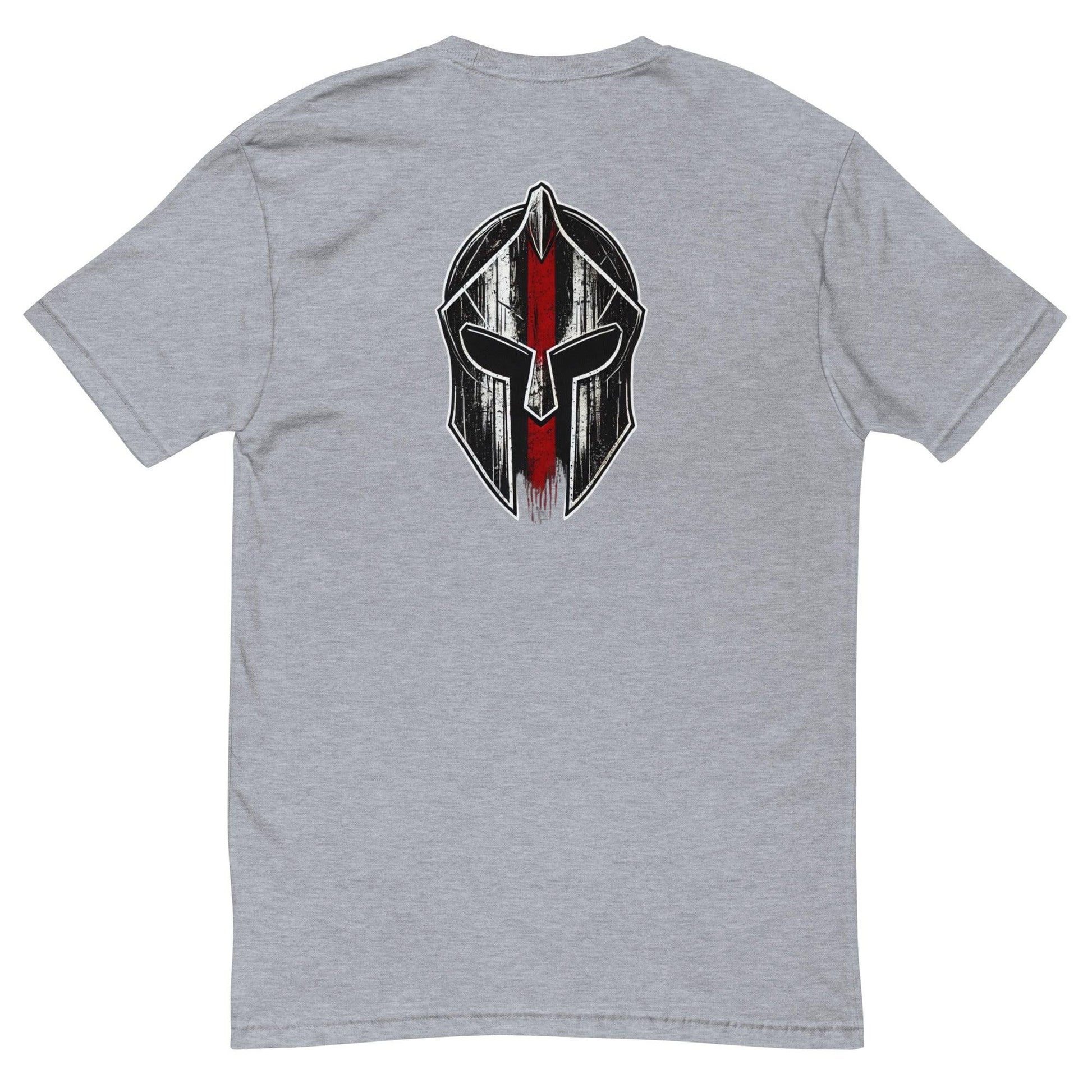 Short sleeve heather grey t-shirt featuring a striking Spartan helmet graphic on the back. Ideal firefighter apparel.