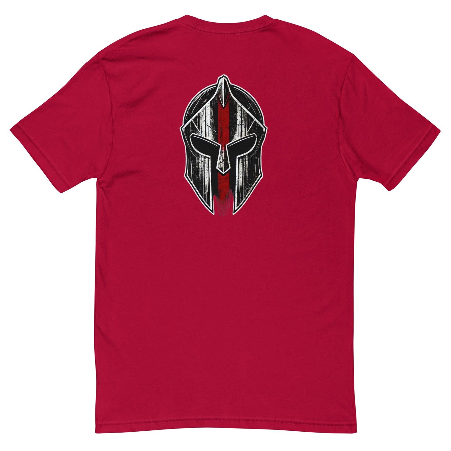 Red t-shirt featuring a bold graphic of a spartan helmet on the back, perfect for casual or athletic wear.