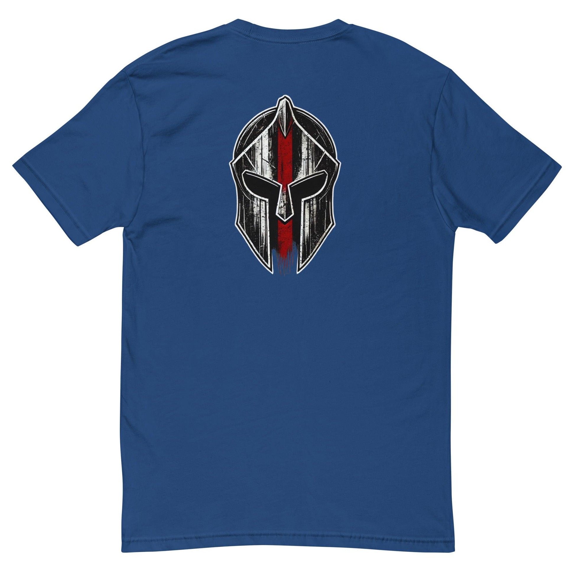 Blue t-shirt featuring a bold Spartan helmet graphic on the back, ideal for firefighter apparel and gifts.