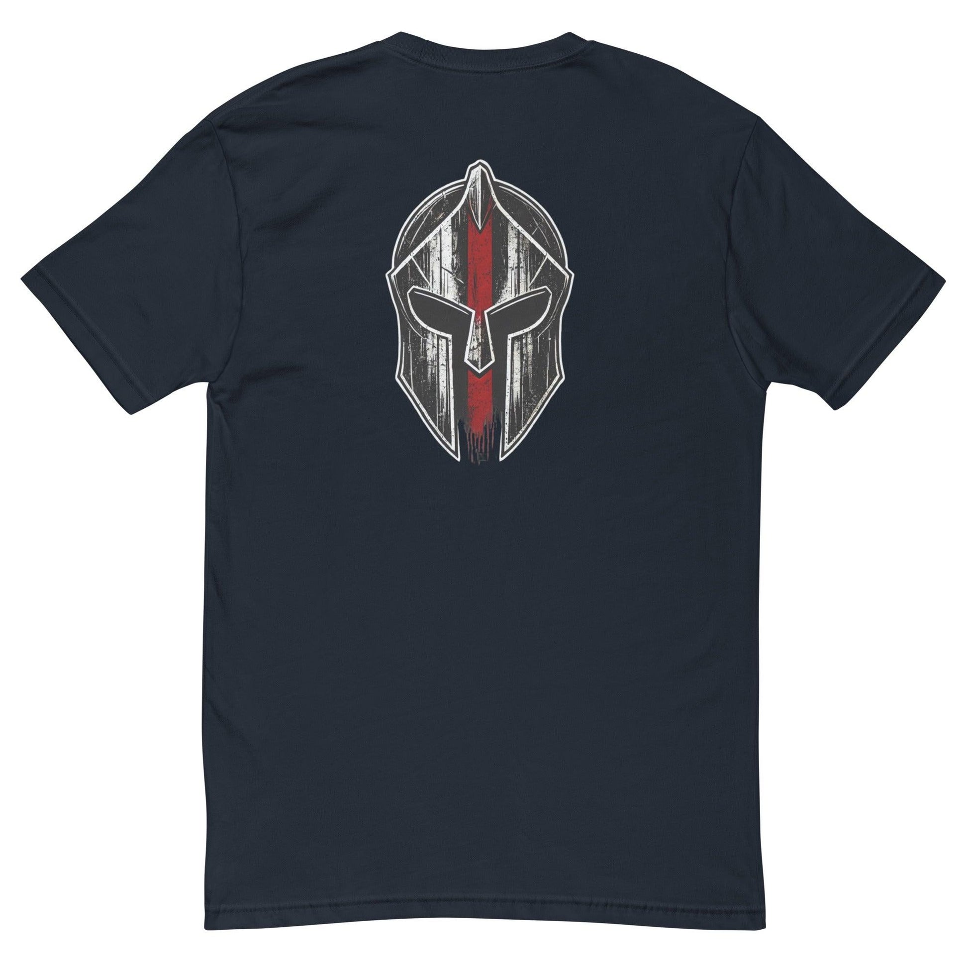 Black t-shirt featuring a vintage-style Spartan helmet graphic on the back, perfect for casual wear and themed outfits.