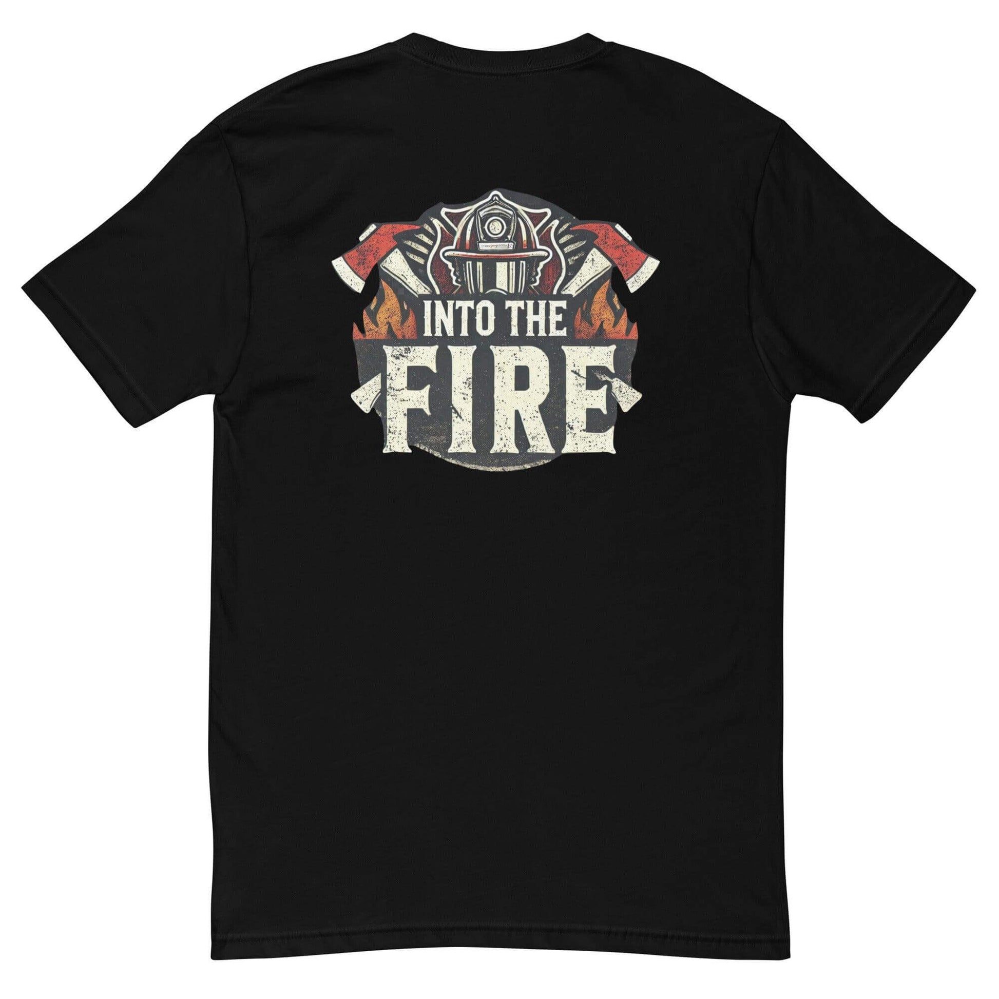 Black short sleeve t-shirt featuring "Into the Fire" graphic with fire and firefighter gloves design. Ideal for firefighter apparel.