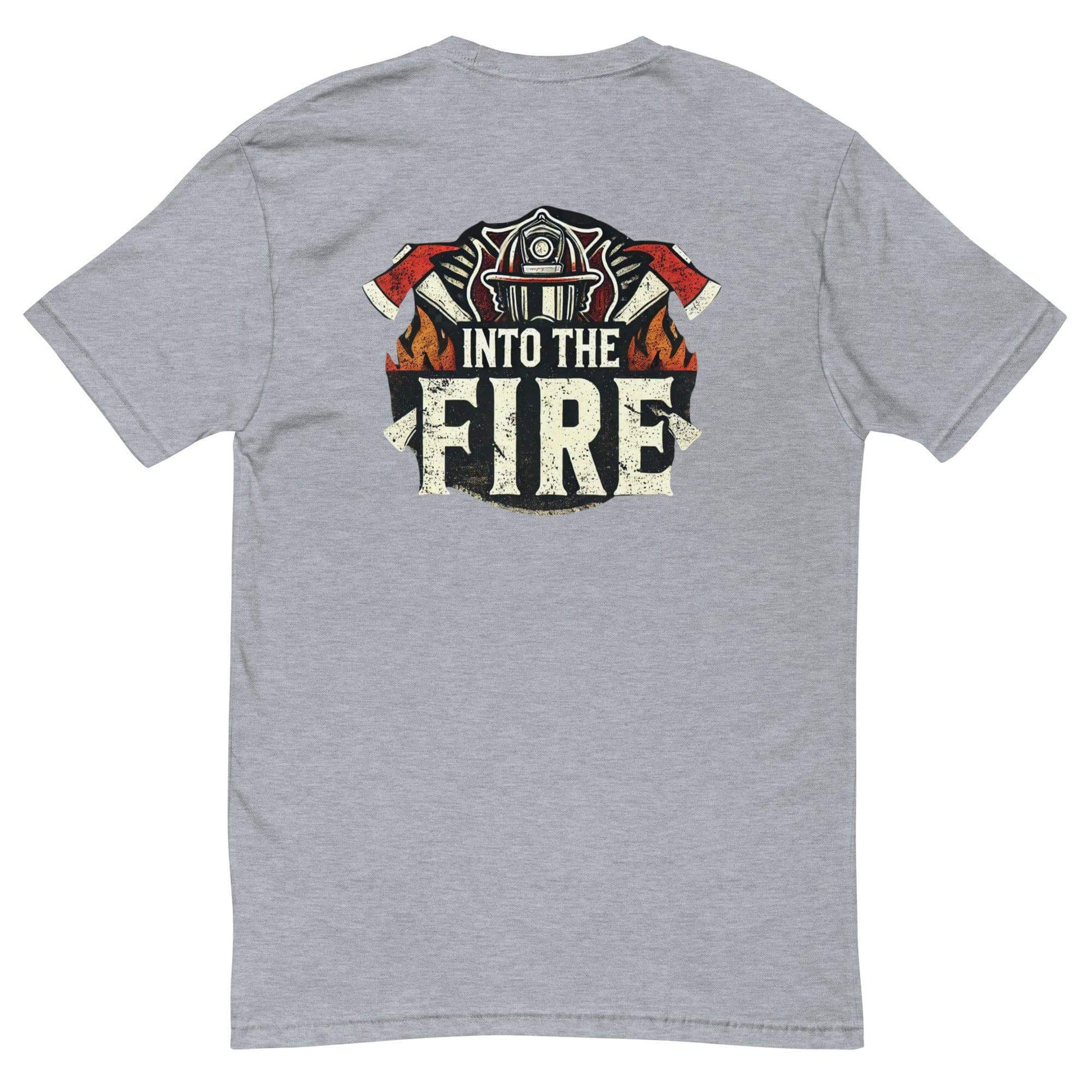 Short sleeve firefighter t-shirt in heather grey with "Into the Fire" graphic design and firehouse elements.