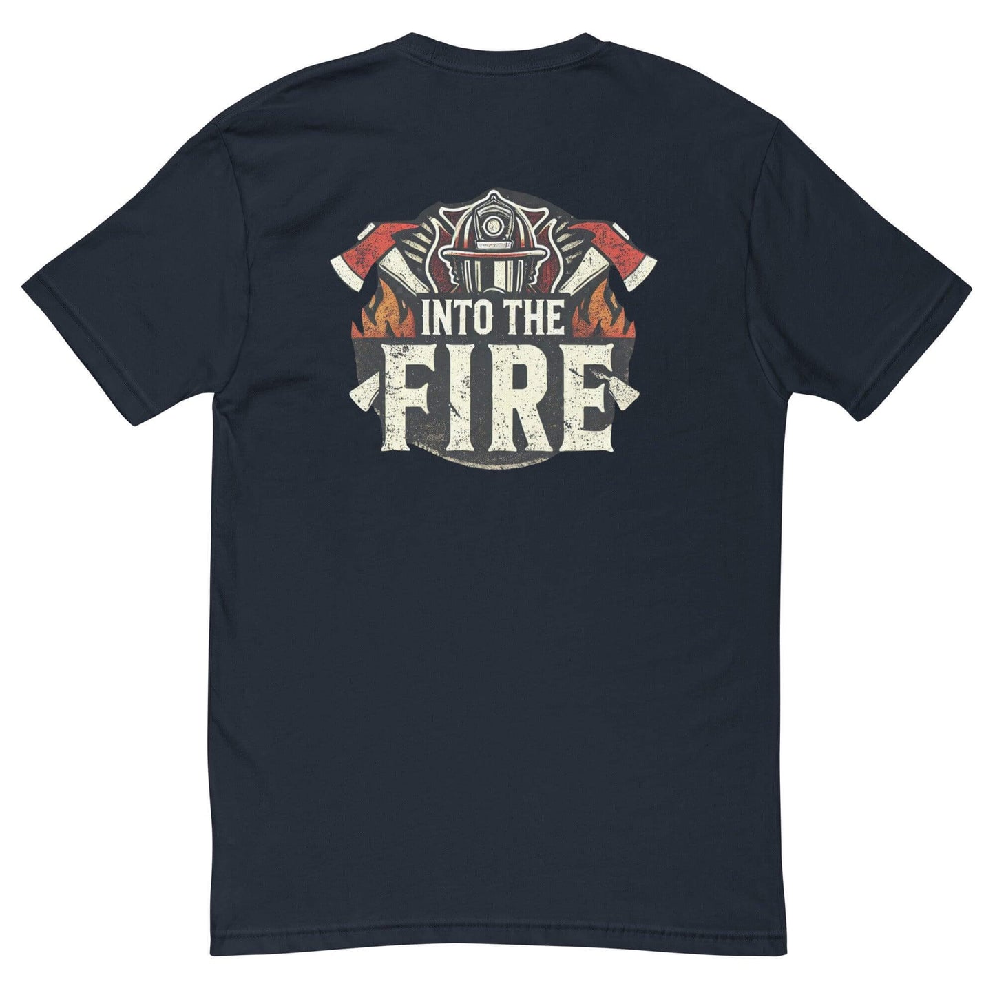 Short sleeve firefighter t-shirt featuring "Into the Fire" graphic, ideal for firefighter gifts and apparel.