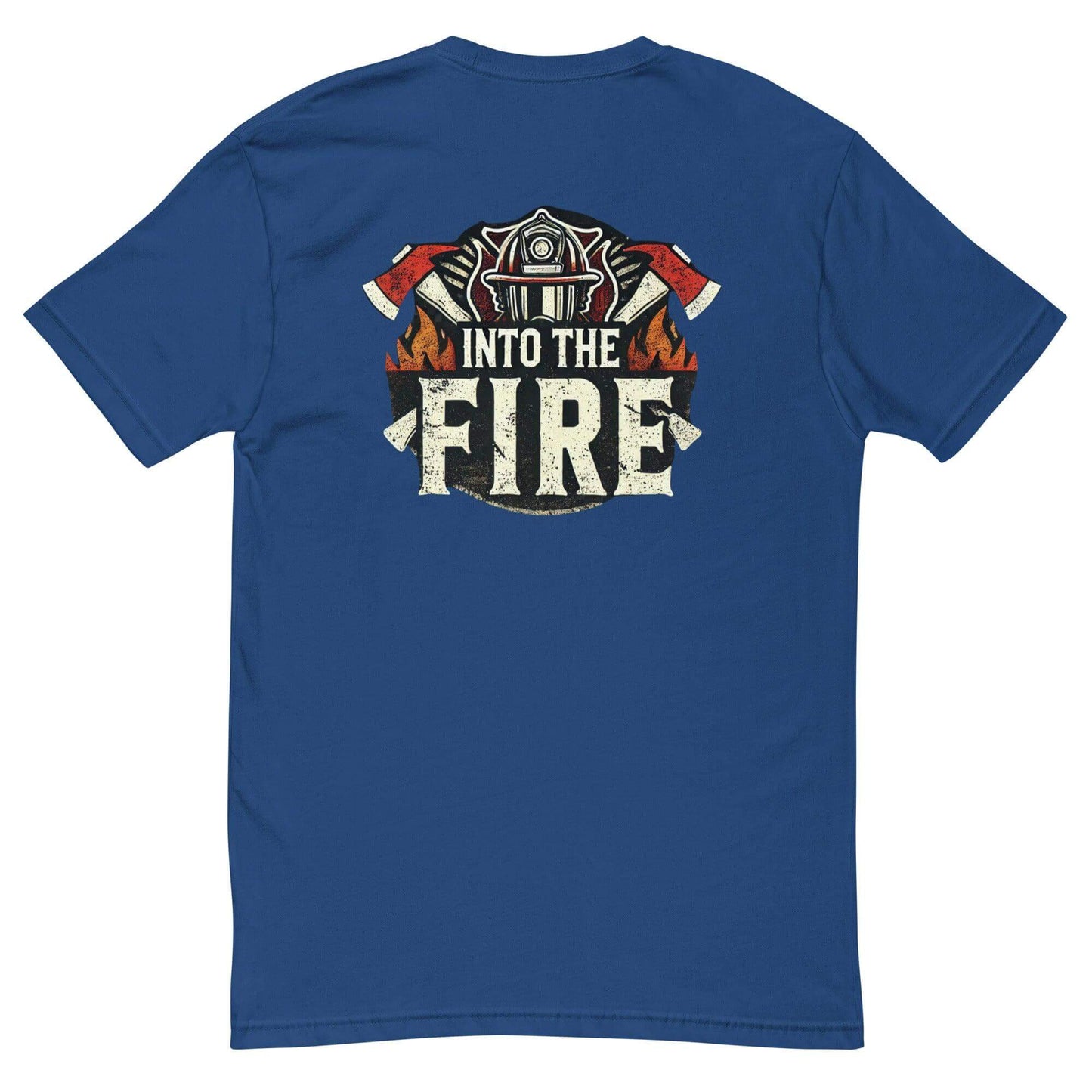 Blue short sleeve t-shirt with "Into the Fire" graphic, featuring firefighting imagery and flames, perfect for firefighter apparel.