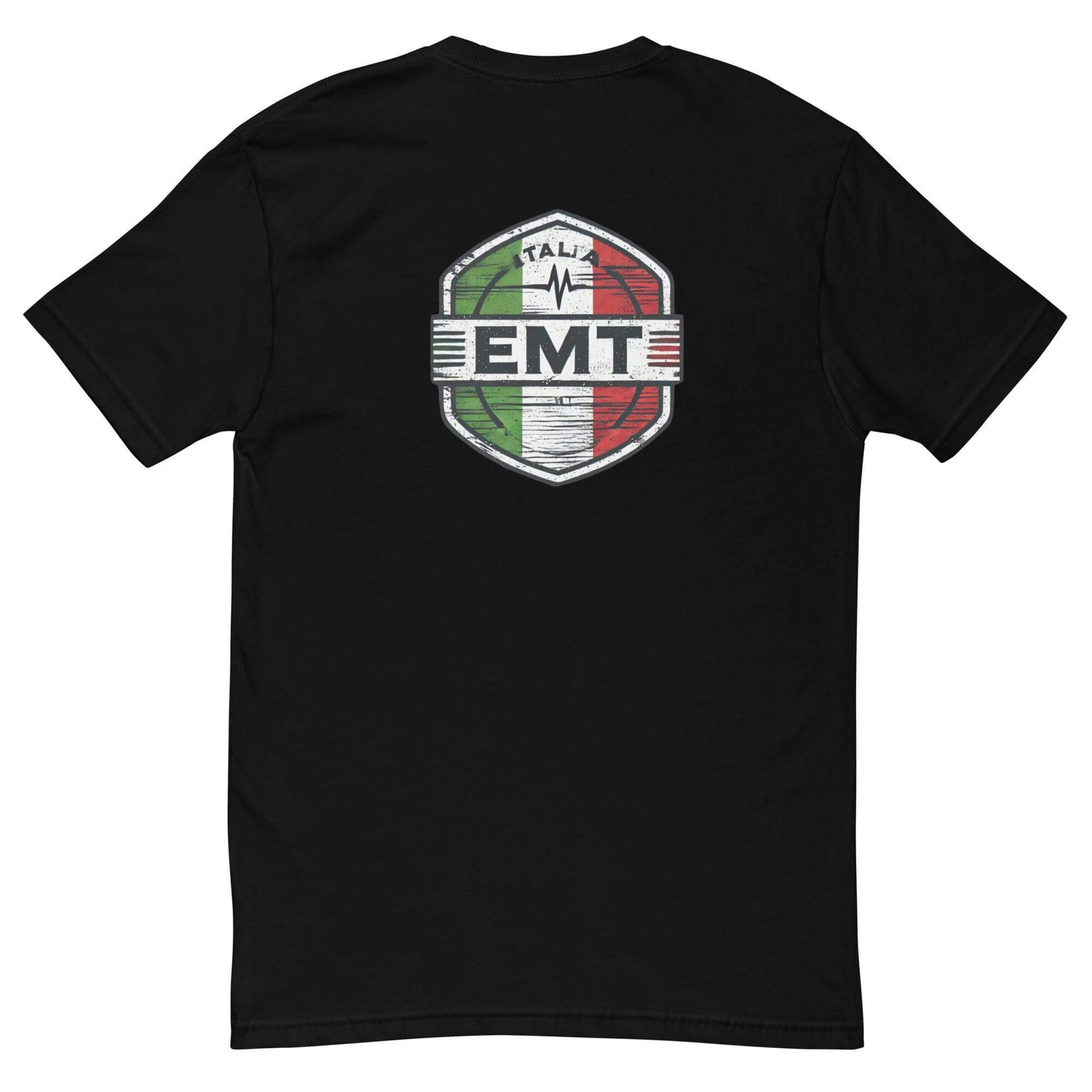 Black t-shirt featuring EMT badge design on back, ideal for emergency medical personnel and healthcare professionals.