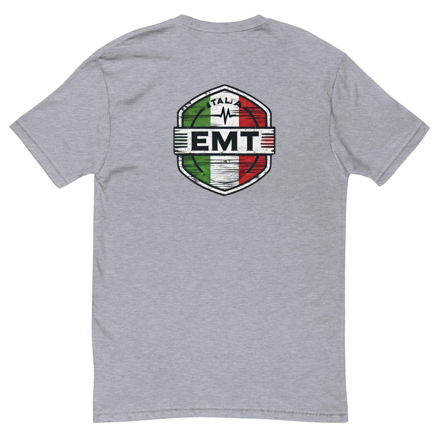 Grey short sleeve t-shirt featuring an EMT badge design with Italian colors on the back, ideal for emergency personnel.