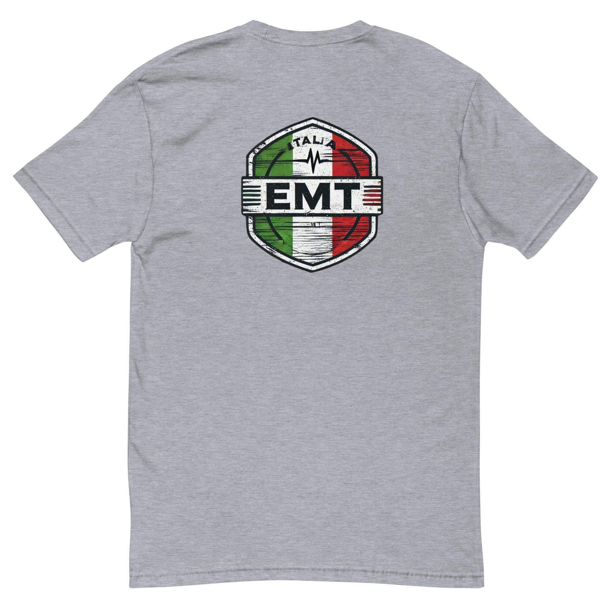 Grey short sleeve t-shirt featuring an EMT badge design with Italian colors on the back, ideal for emergency personnel.