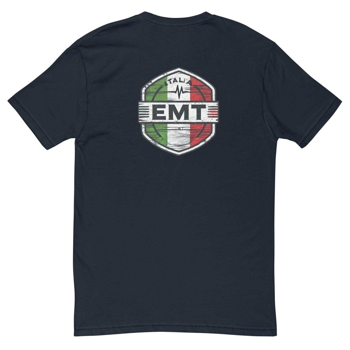 Black t-shirt featuring an EMT badge with Italian flag colors on the back, ideal for EMTs and emergency responders.