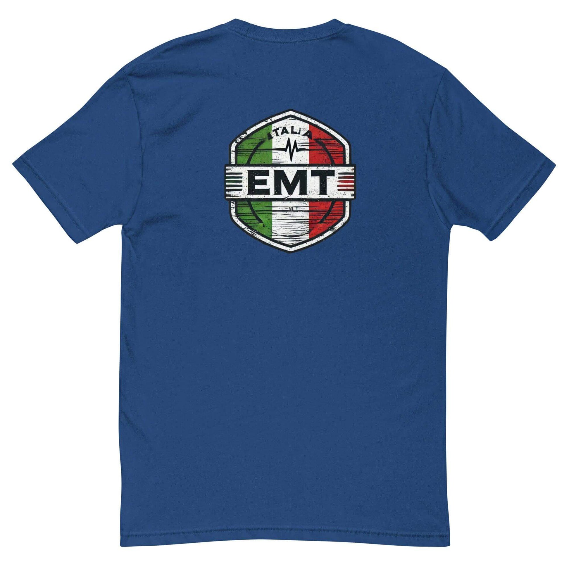 Blue t-shirt featuring an EMT badge design with Italian colors, ideal for emergency medical professionals and gifts.