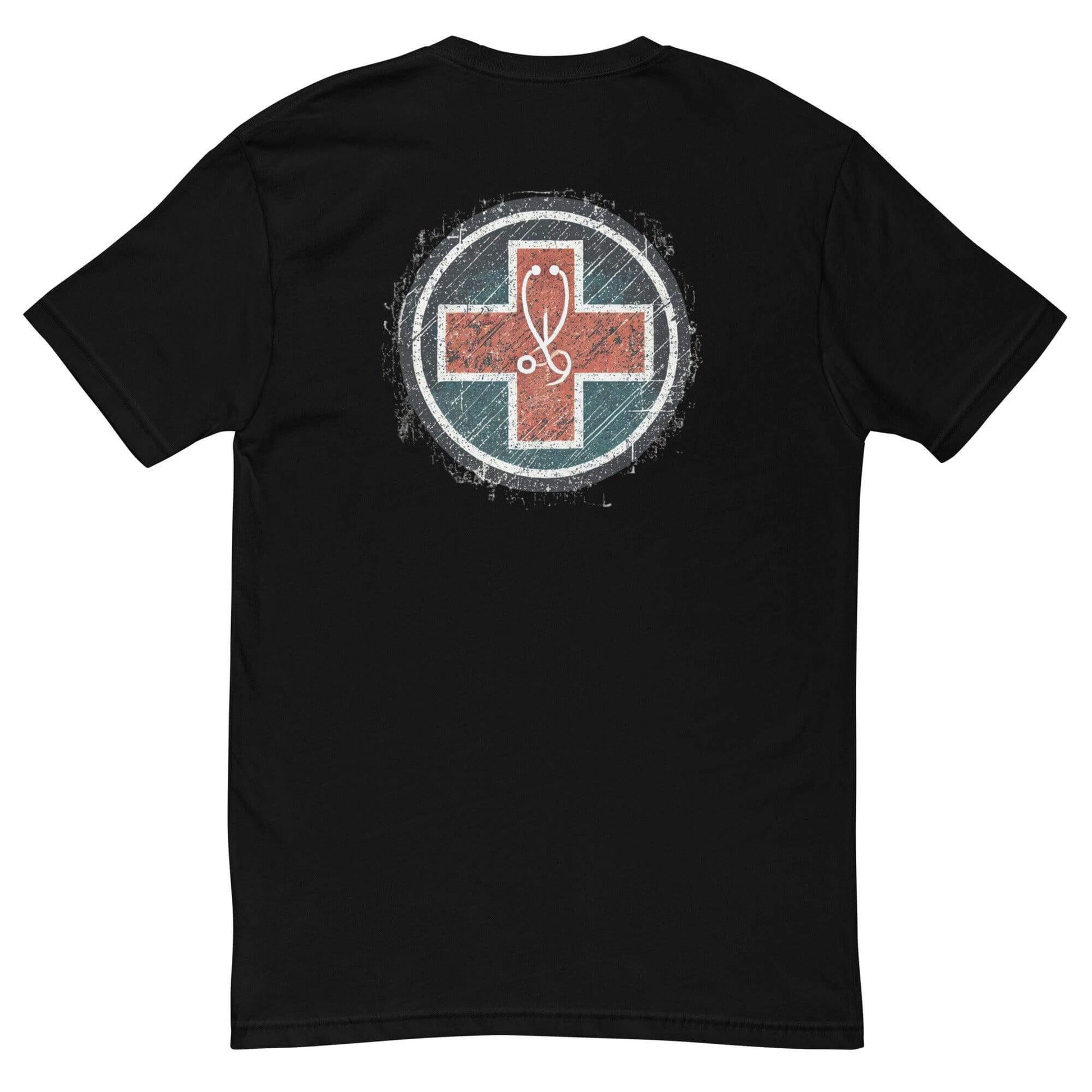 Short sleeve t-shirt with a red cross design, ideal for firefighter apparel and gifts. Soft and lightweight fabric.