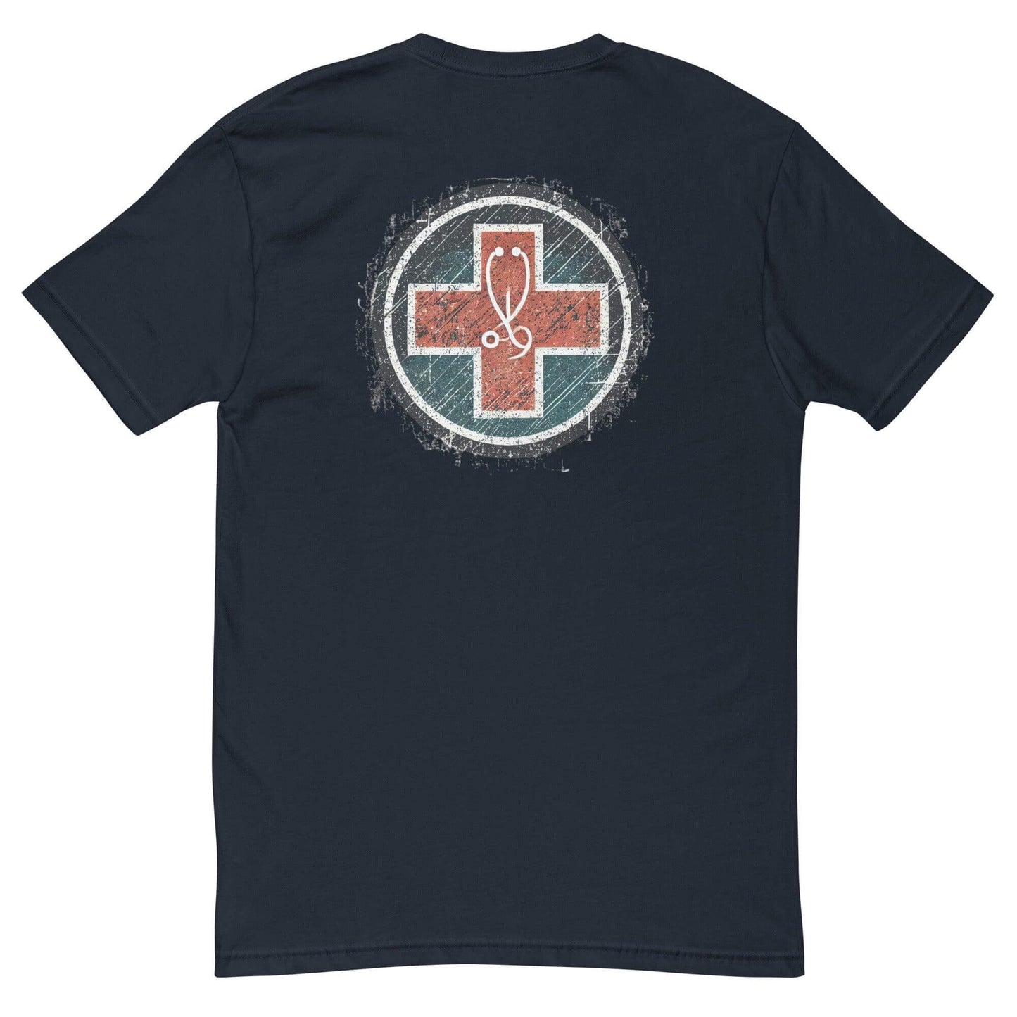 Back view of a comfortable short sleeve t-shirt featuring a red cross design, ideal for firefighter apparel and gifts.