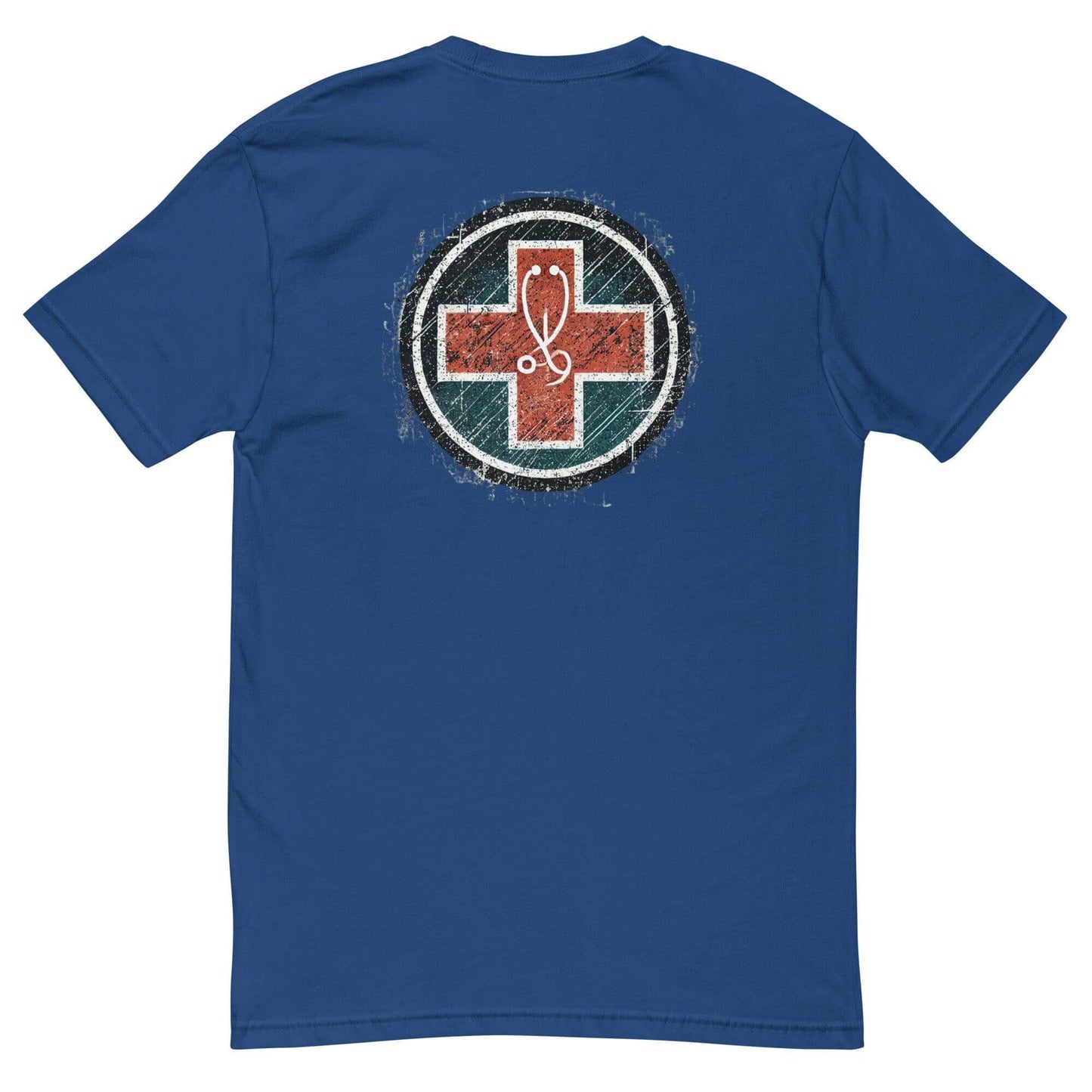 Blue t-shirt featuring a distressed firefighter emblem design on the back, perfect for firefighter apparel and gifts.