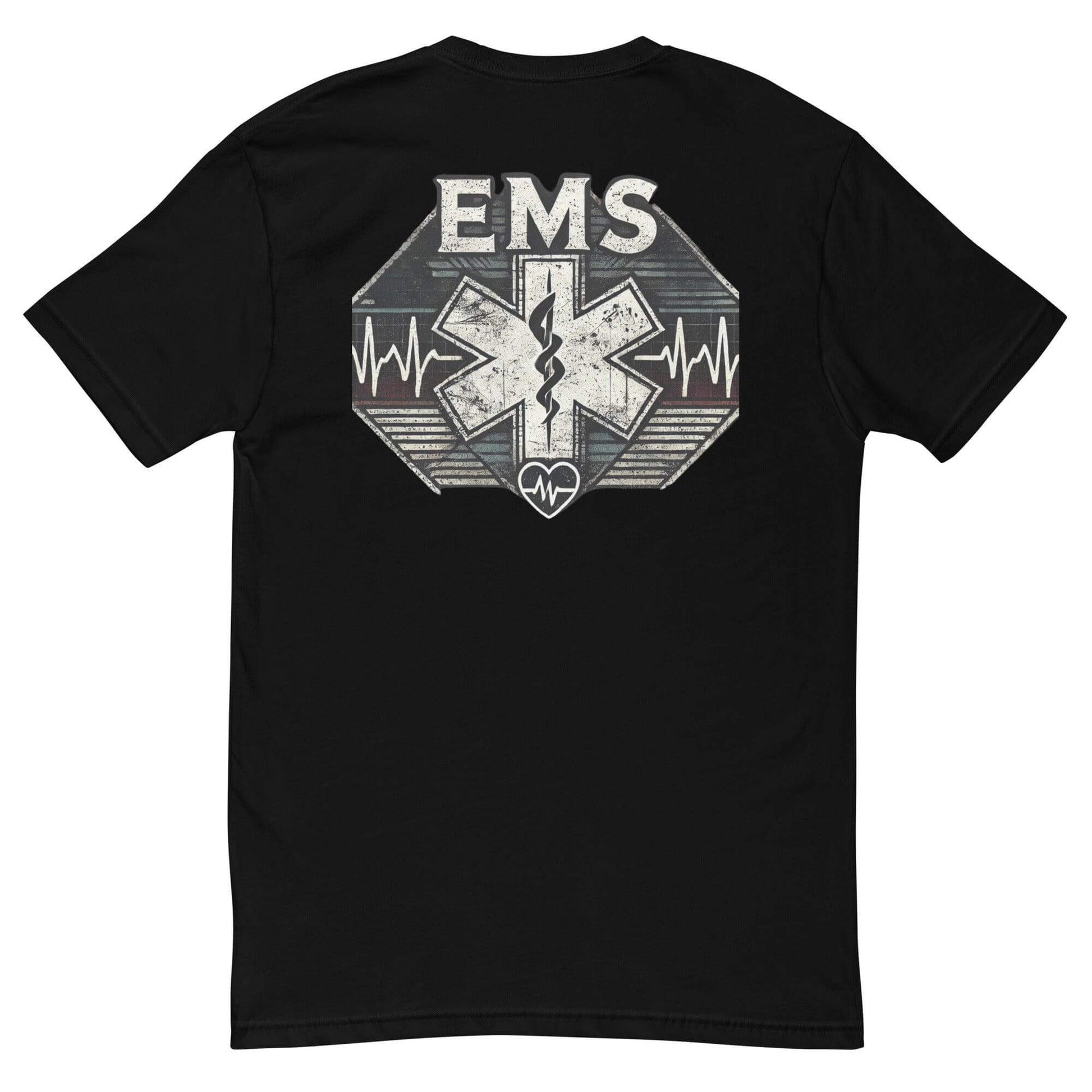 Black EMS t-shirt featuring a distressed star of life design and heartbeat graphic, perfect for emergency medical services professionals.