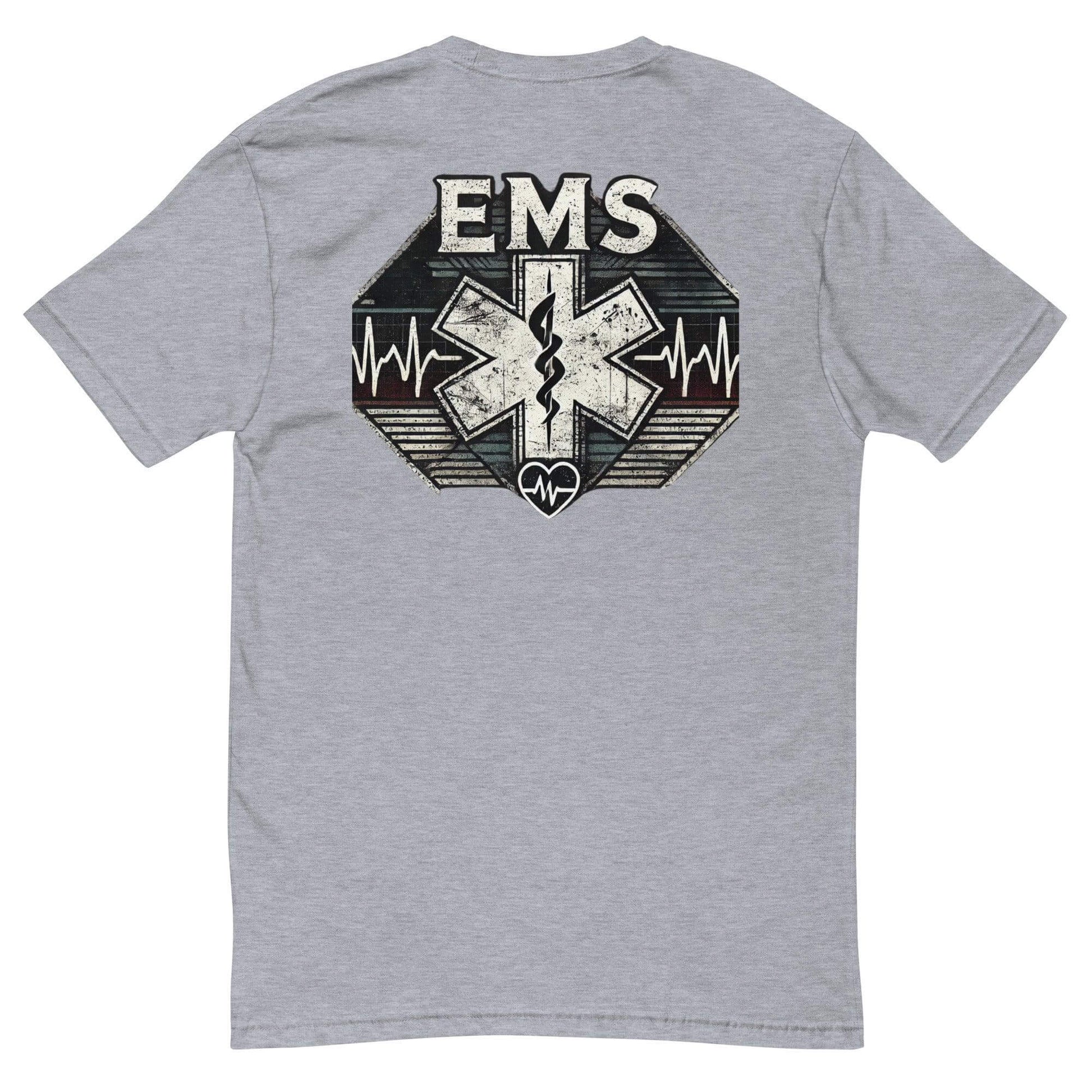 EMS graphic short sleeve t-shirt in heather grey, featuring a bold medical emblem and heartbeat design, ideal for emergency responders.