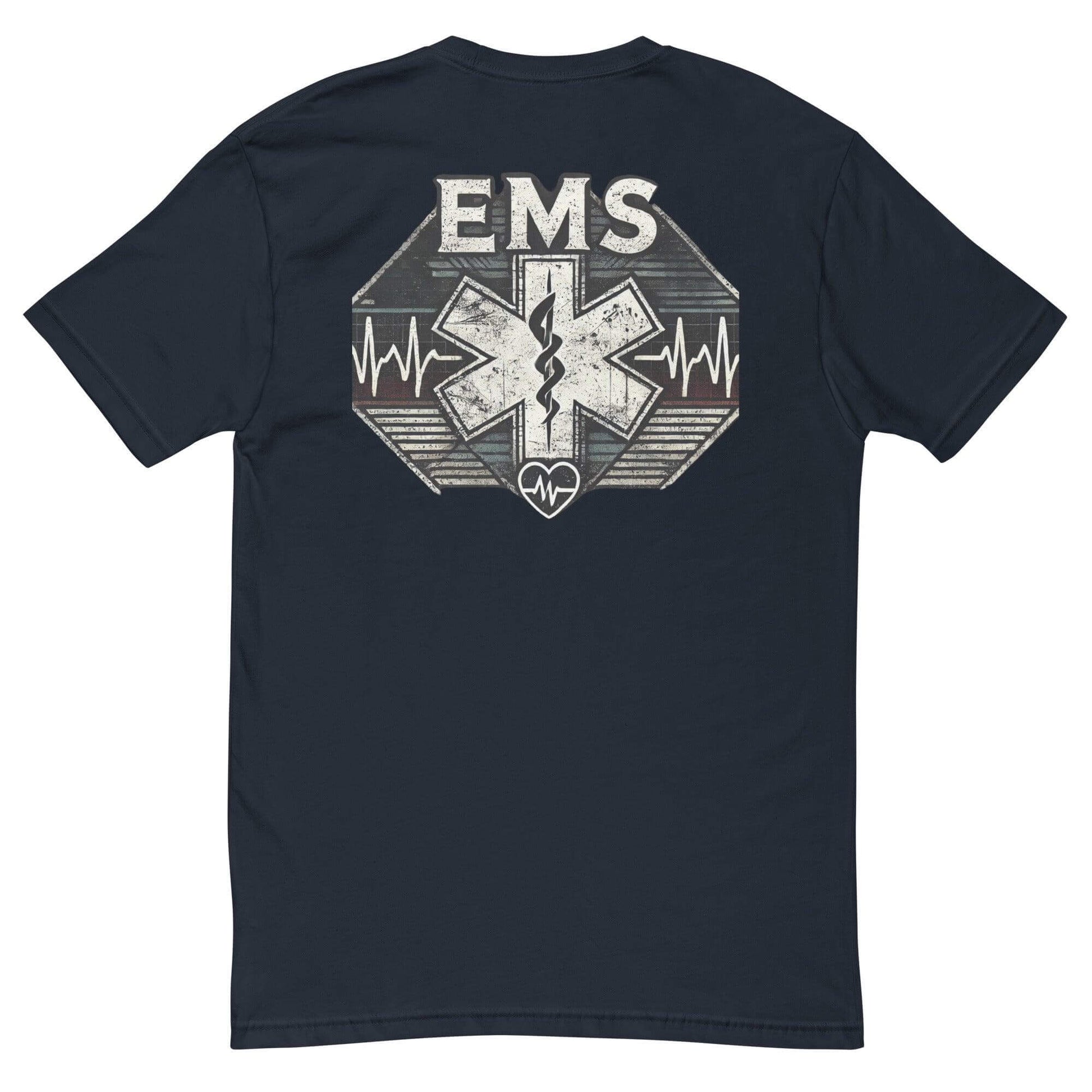 EMS t-shirt featuring a distressed emergency medical services design on the back, perfect for emergency responders and gifts.