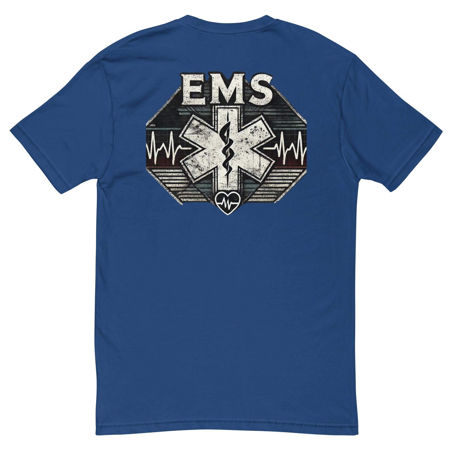 Blue EMS t-shirt featuring a medical symbol and heartbeat design, perfect for first responders and emergency services enthusiasts.