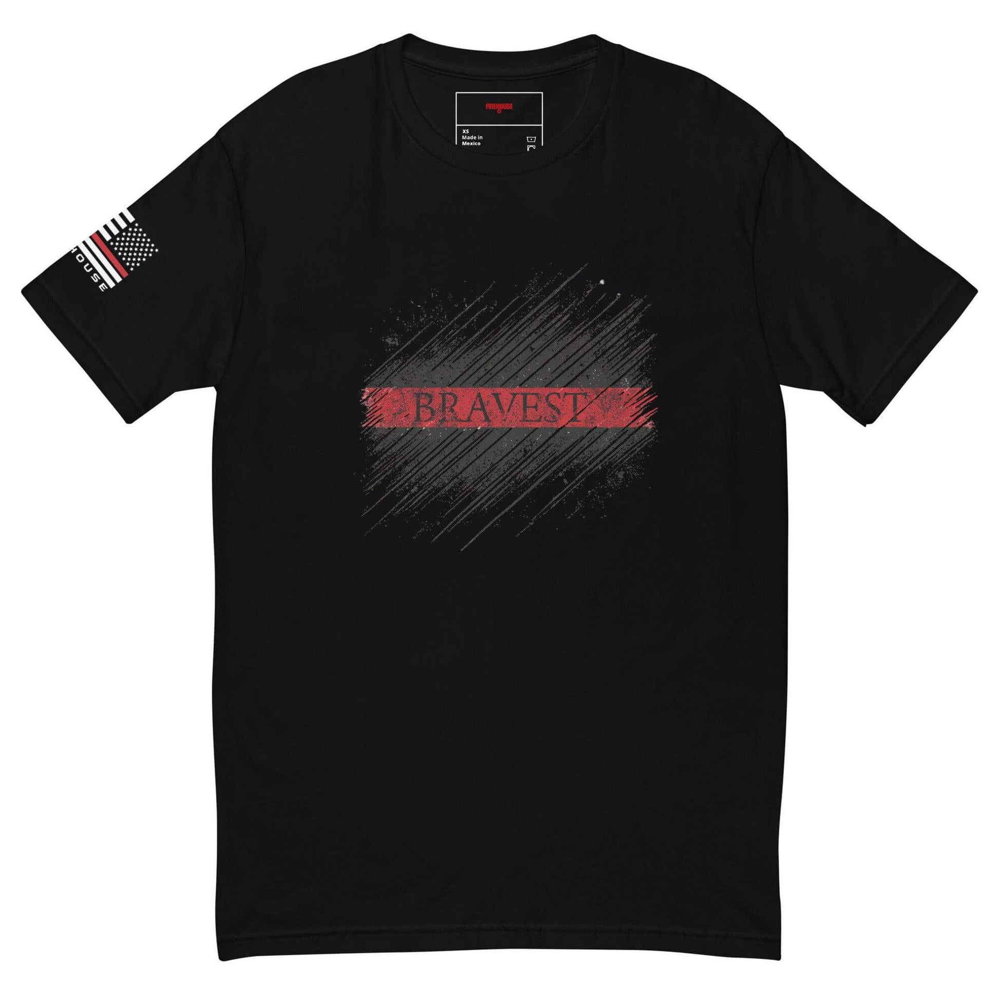 Black short sleeve t-shirt featuring "BRAVEST" graphic and American flag on sleeve, ideal for firefighter apparel and gifts.