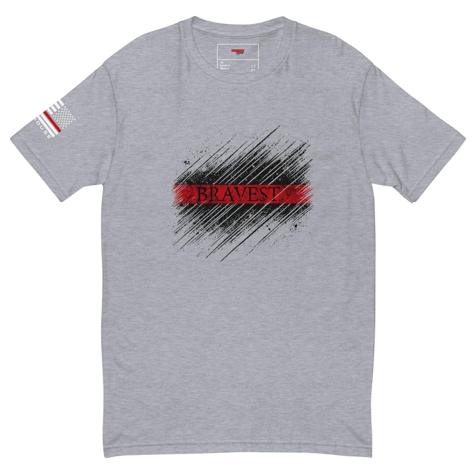 Grey short sleeve t-shirt featuring "Bravest" design, perfect for firefighter gifts and apparel.