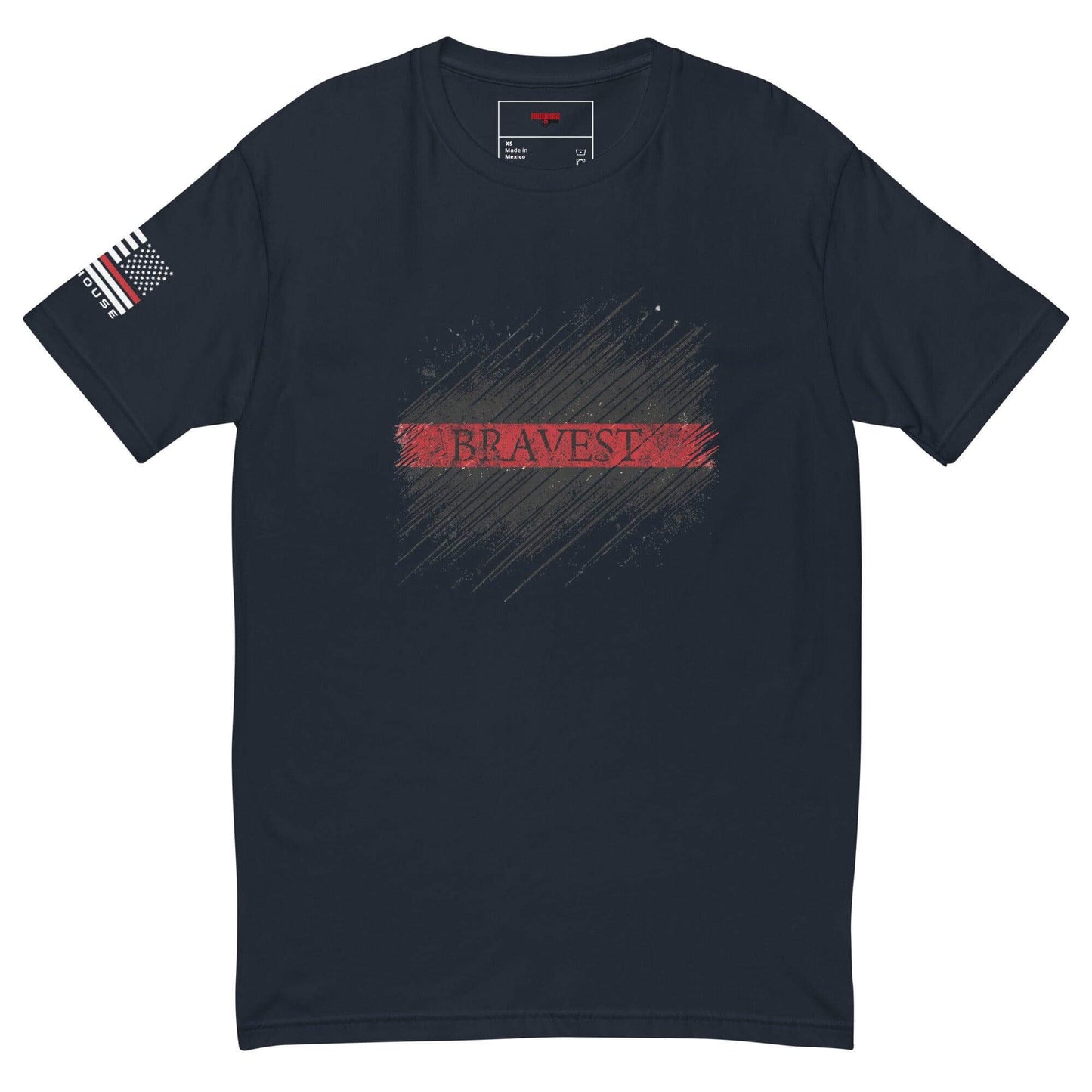 Black short sleeve t-shirt featuring "Bravest" graphic and American flag sleeve, perfect for firefighter apparel and gifts.