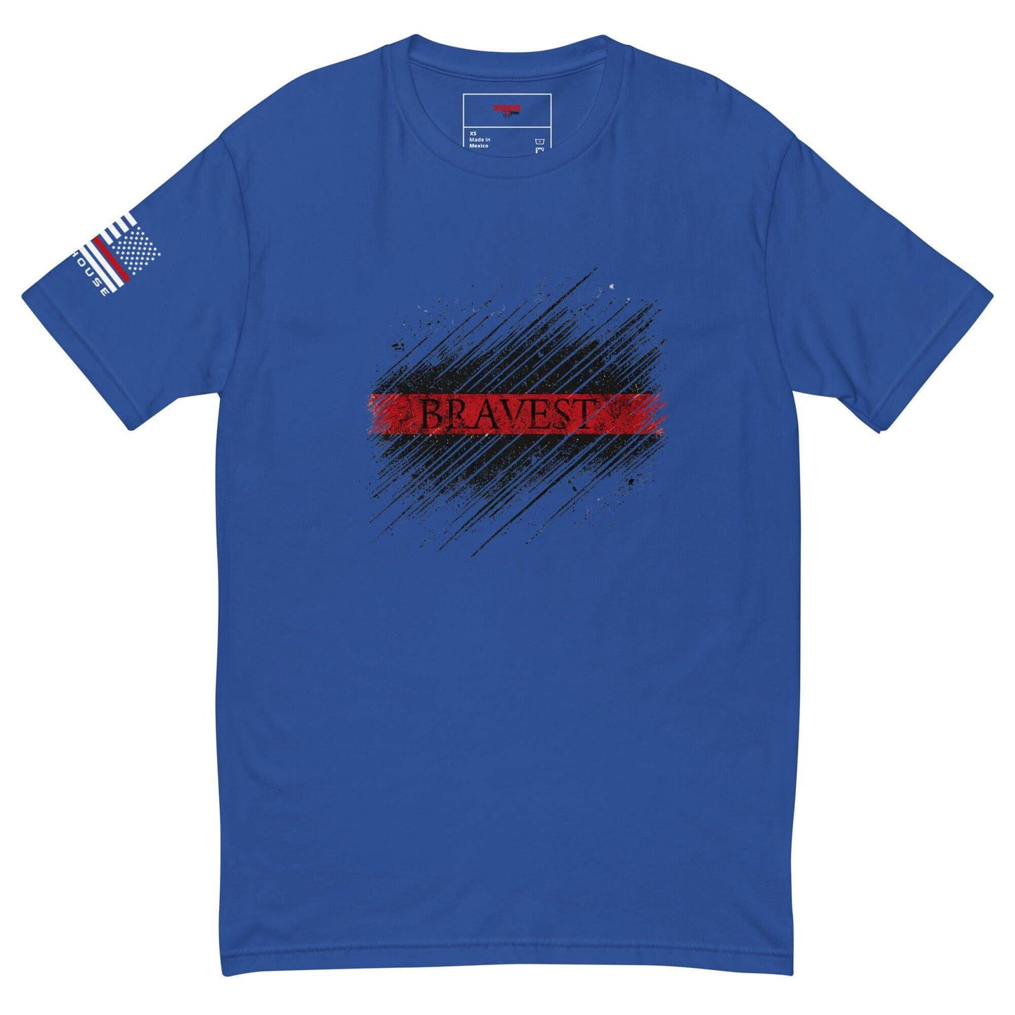 Blue short sleeve t-shirt with "Bravest" graphic, American flag on sleeve, perfect for firefighter apparel and gifts.