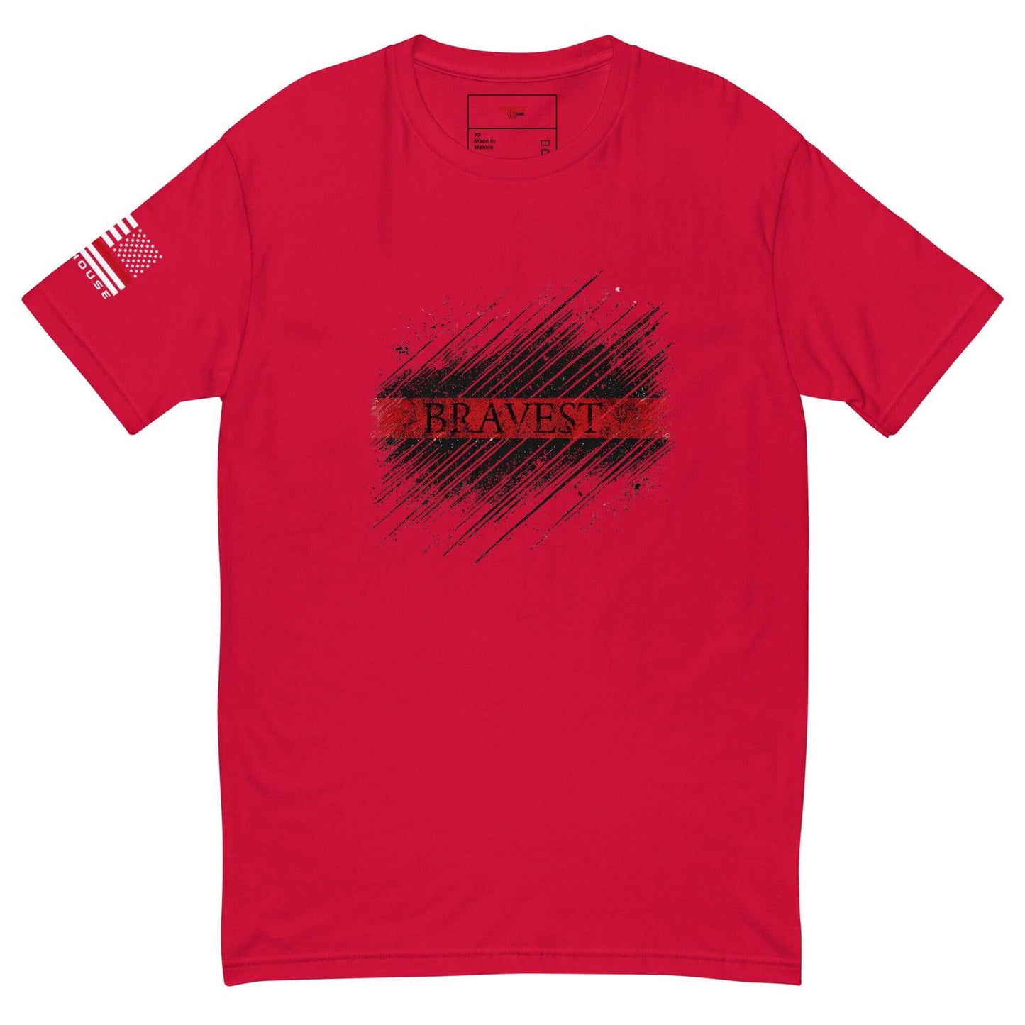 Red short sleeve t-shirt featuring "Bravest" design, perfect for firefighter apparel and gifts.