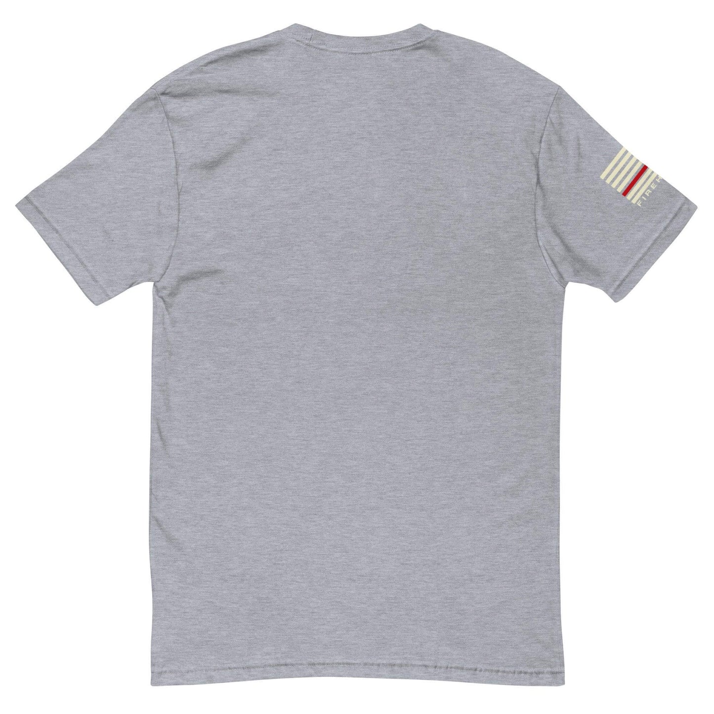 Back view of a heather grey short sleeve t-shirt with firefighter emblem on the sleeve, ideal for firefighter apparel.