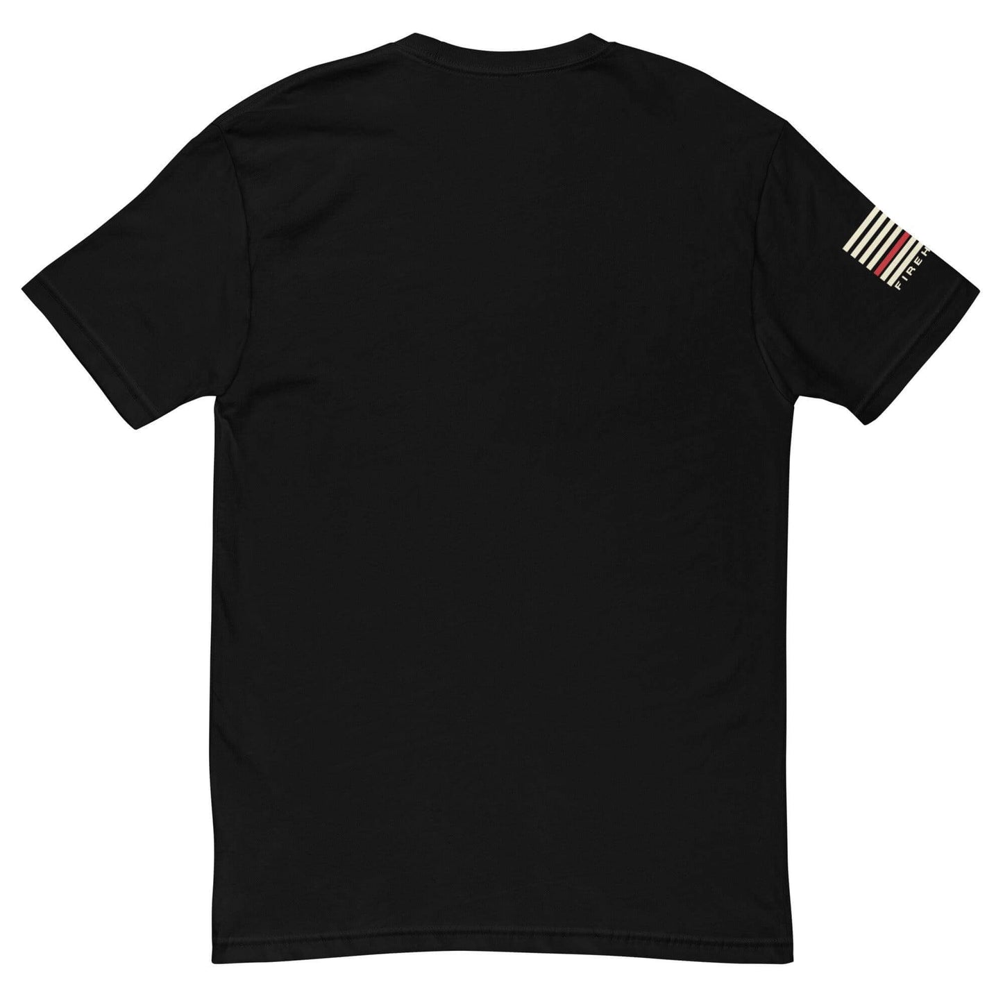 Back view of a short sleeve firefighter t-shirt in black, featuring unique stripe design on the sleeve.