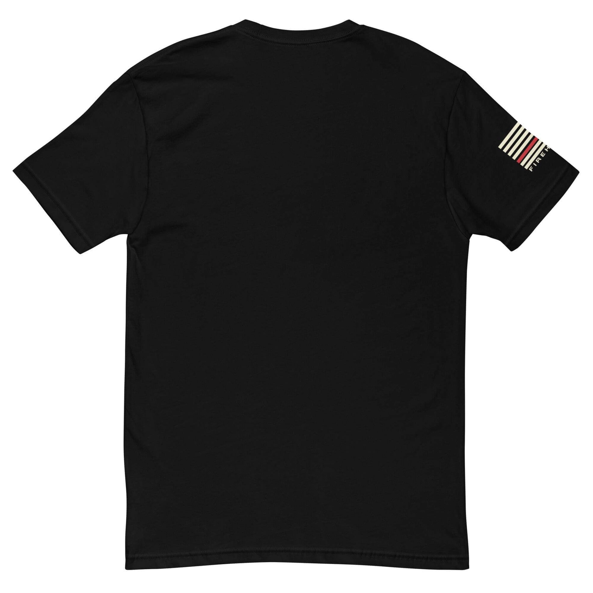 Back view of a short sleeve firefighter t-shirt in black, featuring unique stripe design on the sleeve.