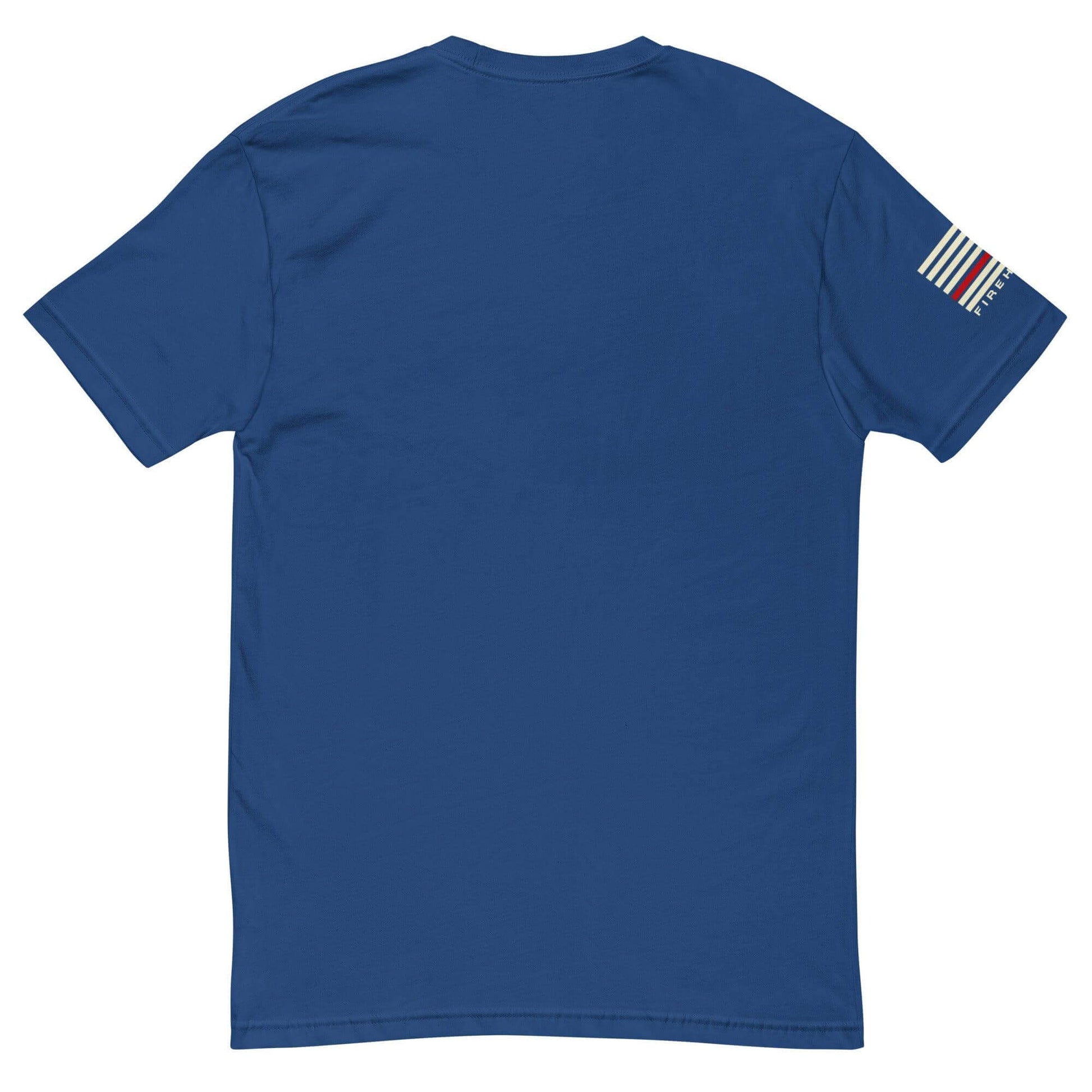 Back view of a comfortable blue short sleeve t-shirt with a striped design on the sleeve, perfect for firefighter apparel.