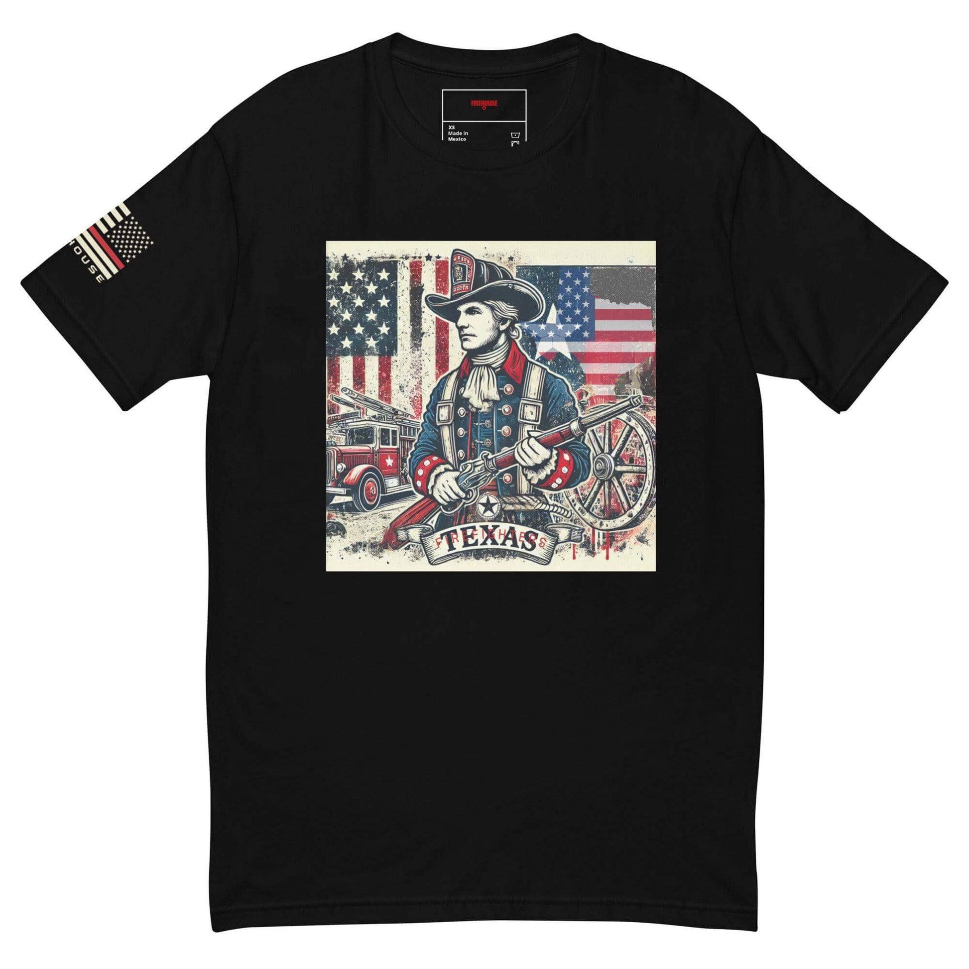 Black short sleeve t-shirt featuring a firefighter design with Texas, flags, and vintage firefighting gear. Perfect for firefighter apparel.