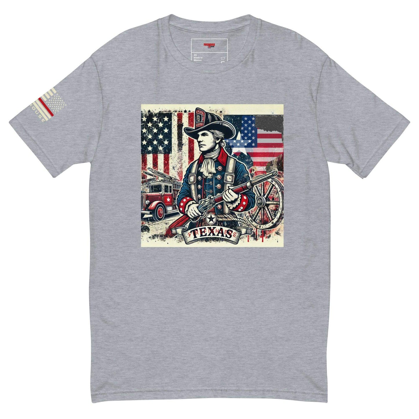 Short sleeve heather grey t-shirt featuring a Texas firefighter design, ideal for firefighter gifts and apparel.