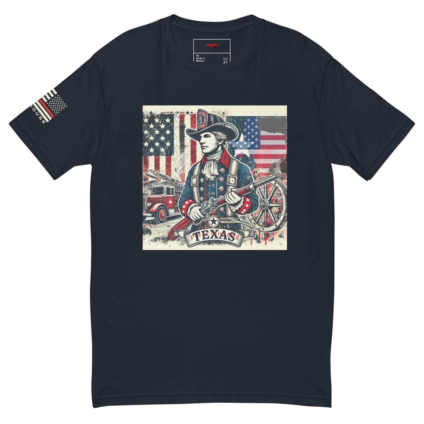 Short sleeve firefighter t-shirt featuring Texas design, flag graphics, and fire department imagery on a black background.