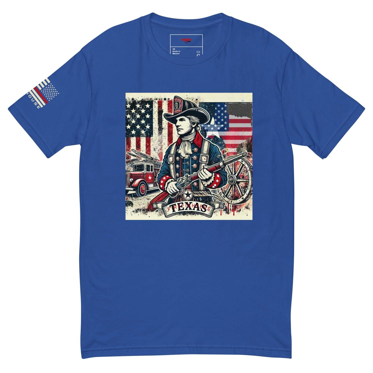 Blue t-shirt featuring a firefighter graphic with Texas and American flags, perfect for firefighter apparel and gifts.