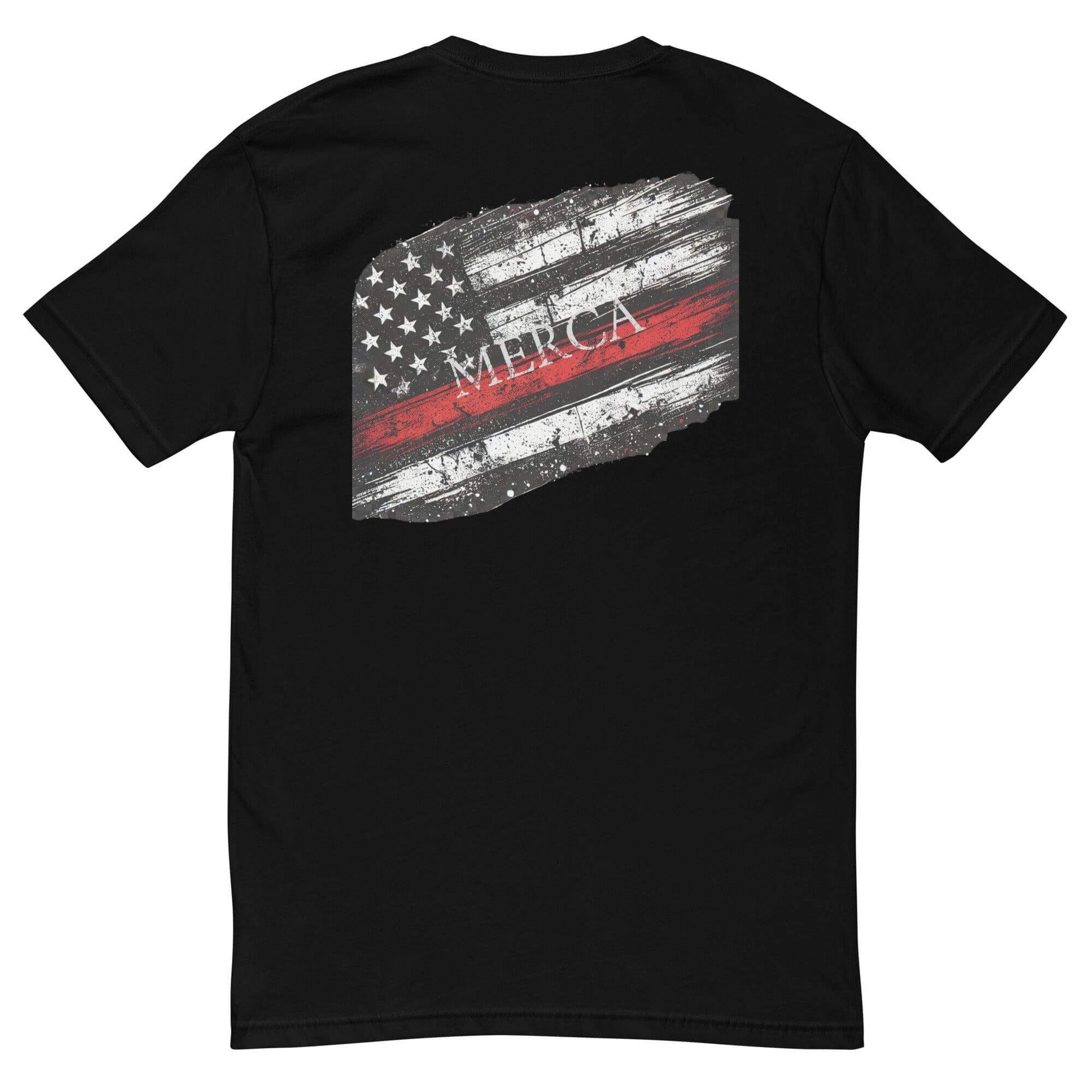 Black t-shirt featuring distressed American flag design and "MERCA" text on the back. Comfortable and stylish casual wear.