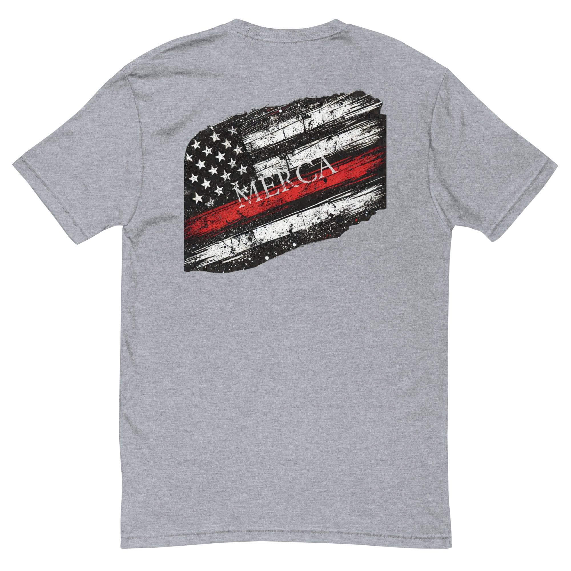 Short sleeve heather grey t-shirt featuring a distressed American flag design with 