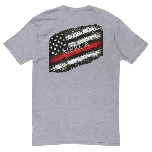 Short sleeve heather grey t-shirt featuring a distressed American flag design with "MERICA" text on the back.