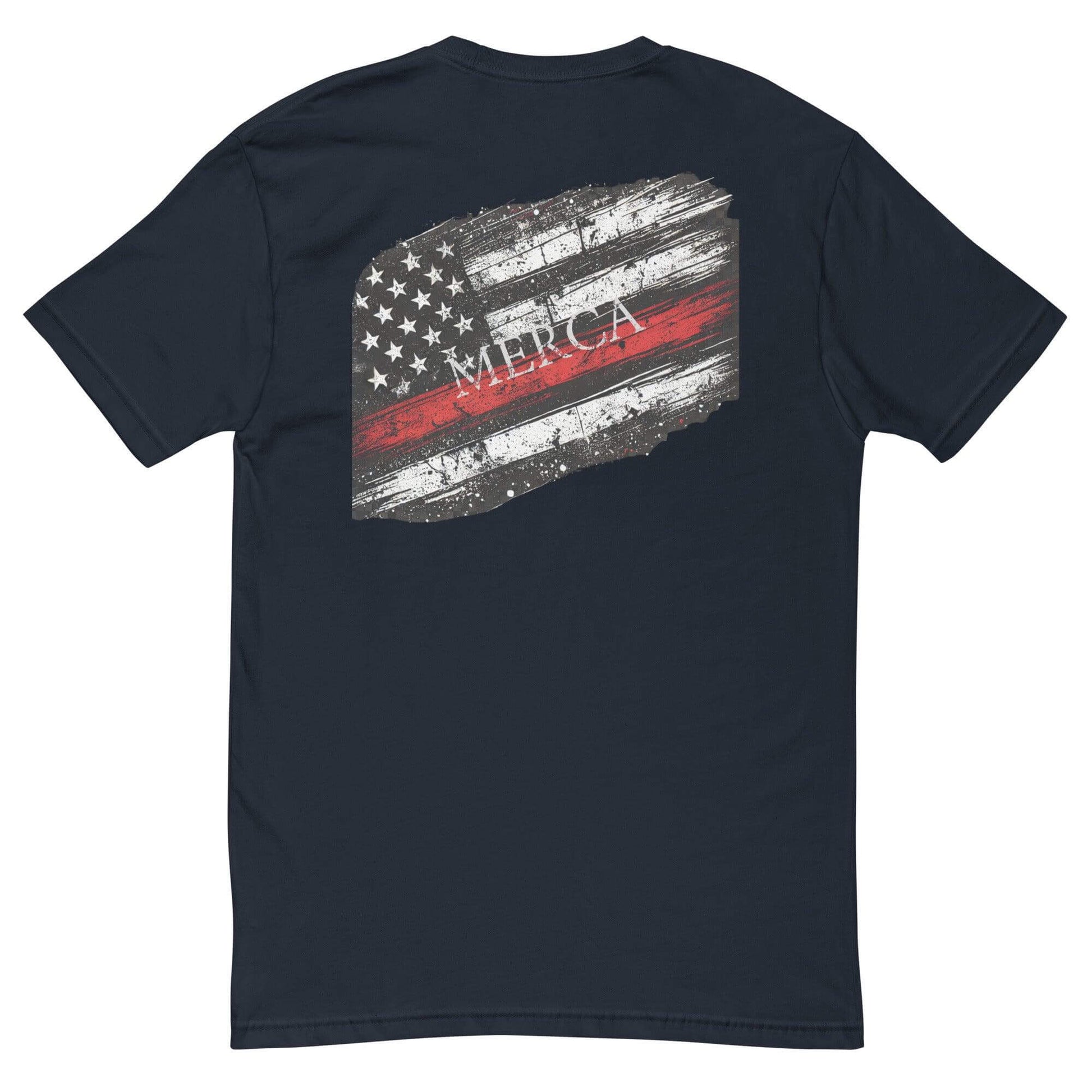 Back view of a navy blue short sleeve t-shirt featuring a distressed American flag graphic with the word "MERICA."