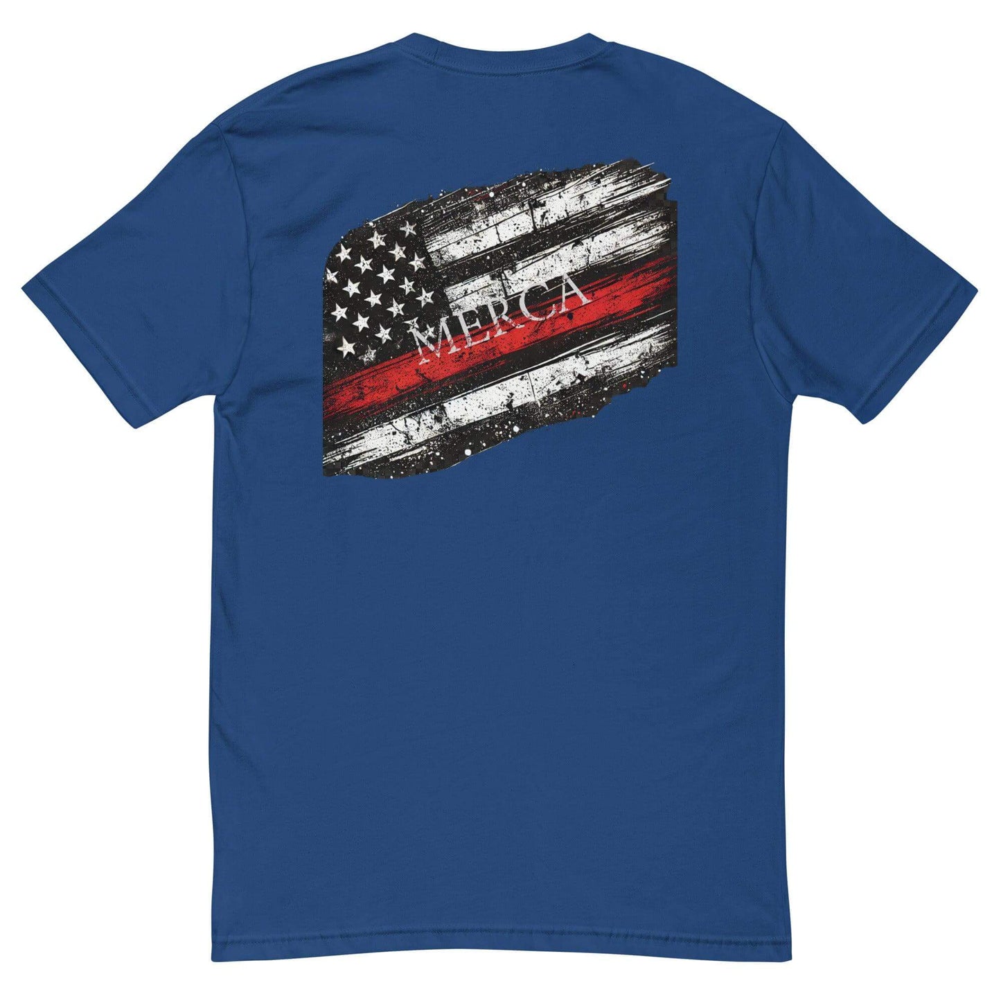 Blue t-shirt featuring a distressed American flag graphic with "MERICA" text on the back, ideal for patriotic firefighters.