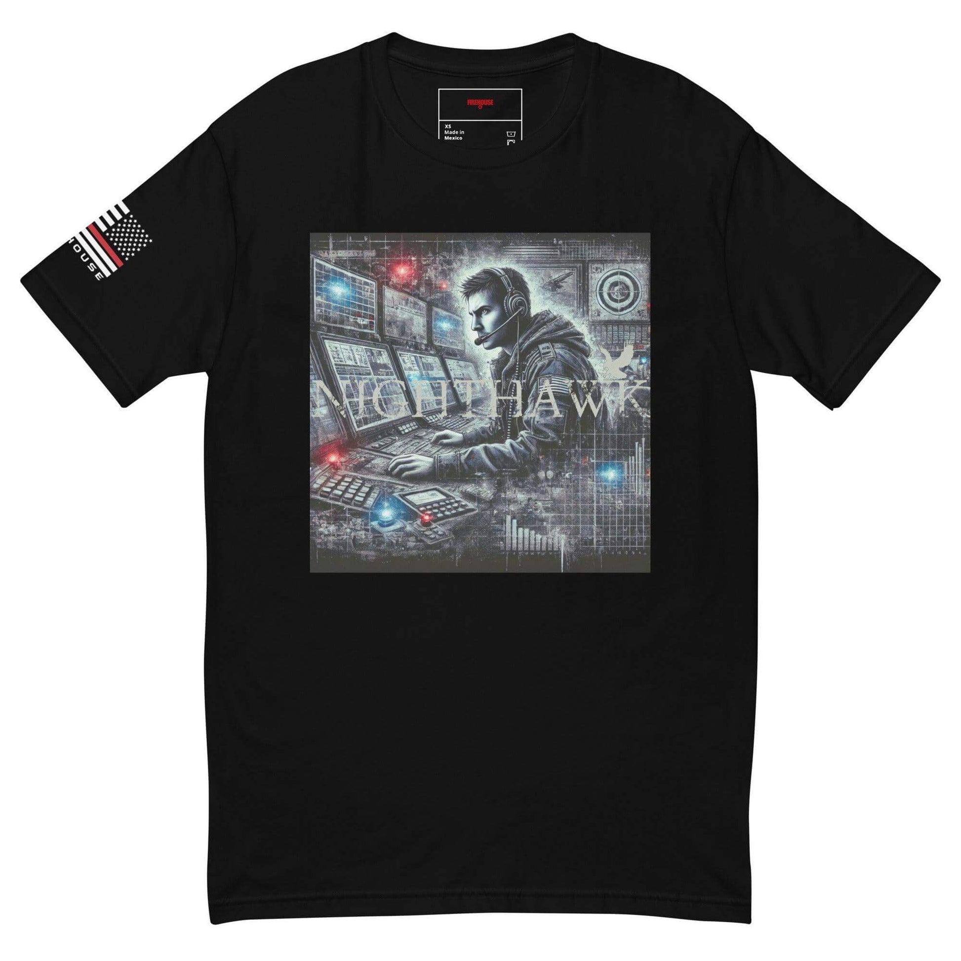 Black t-shirt featuring a graphic design of a focused man at a control panel, with American flag on sleeve.