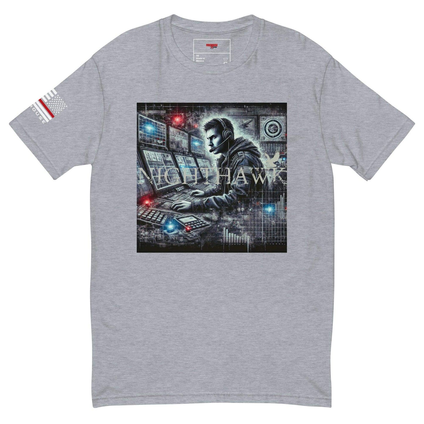 Artistic firefighter t-shirt featuring a graphic of a firefighter at a control panel, perfect for firefighter apparel.