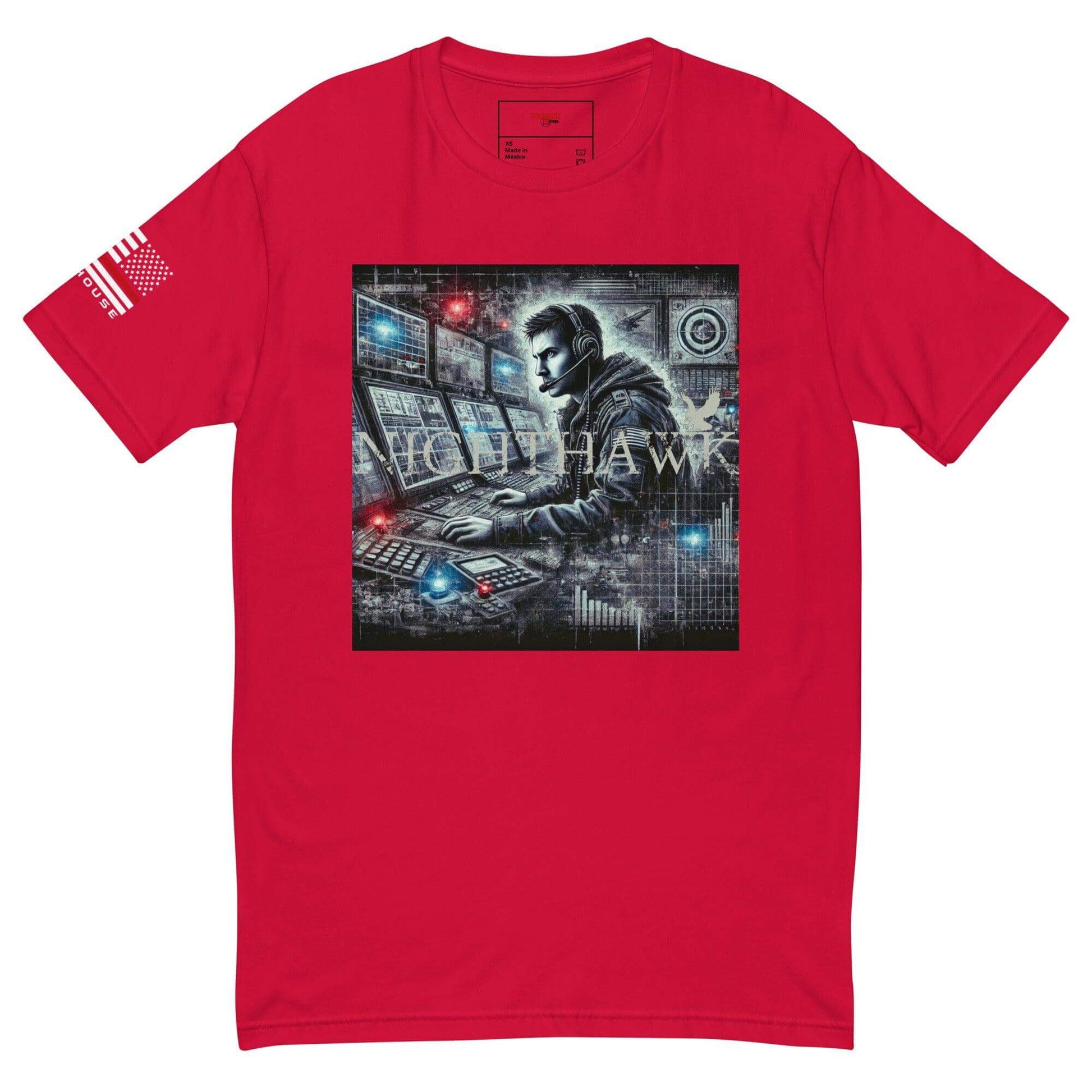 Red short sleeve t-shirt featuring a graphic of a tech-savvy character at a control station, perfect for unique apparel.