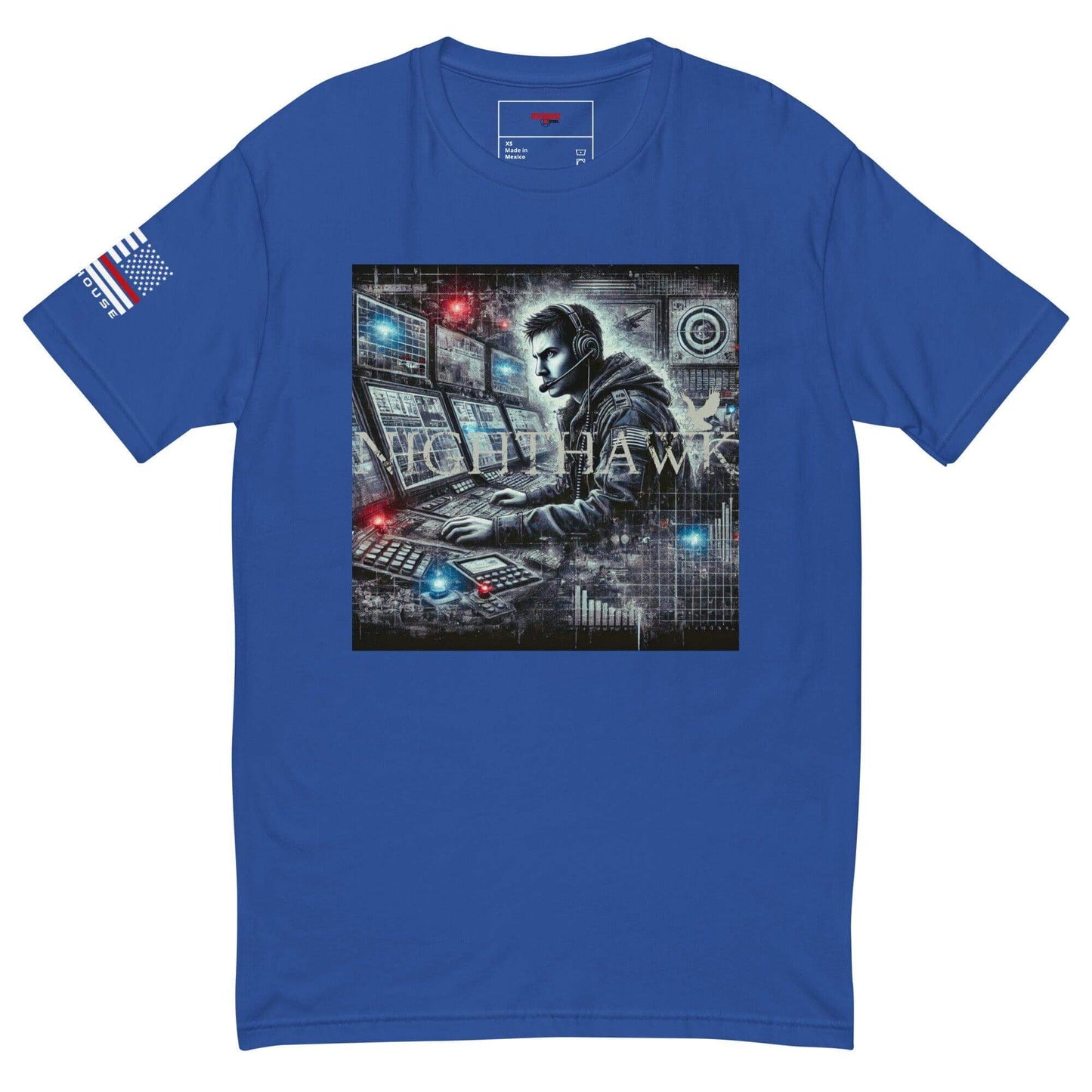 Blue t-shirt featuring a graphic of a tech operator in front of multiple screens, showcasing a modern design.