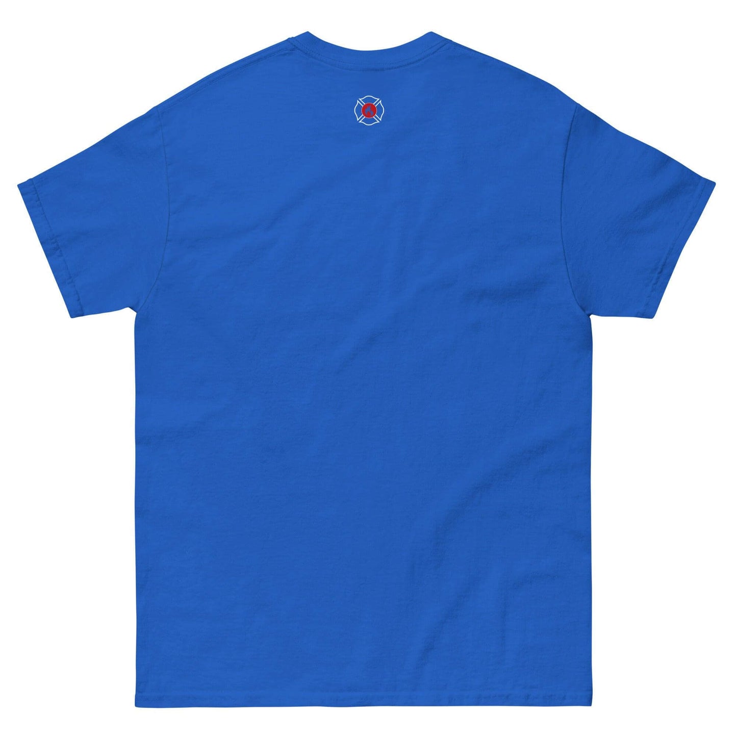 Back view of a unisex classic tee in blue featuring a firefighter emblem, perfect for firefighter gifts and apparel.