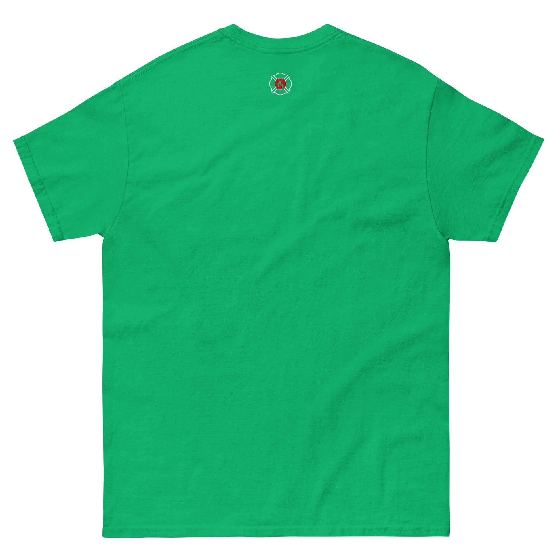 Back view of a vibrant green unisex classic tee, ideal for firefighter apparel and trendy streetwear.