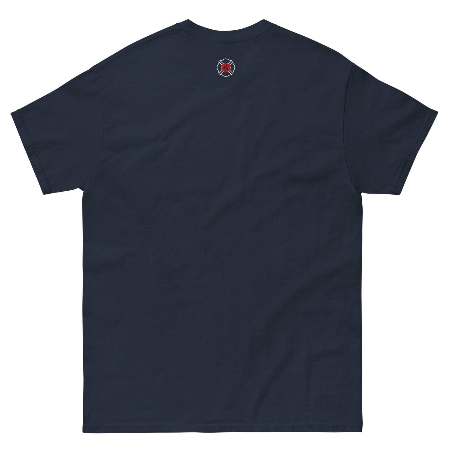 Unisex classic tee in navy with embroidered firehouse logo on the back, perfect for firefighter gifts and apparel.