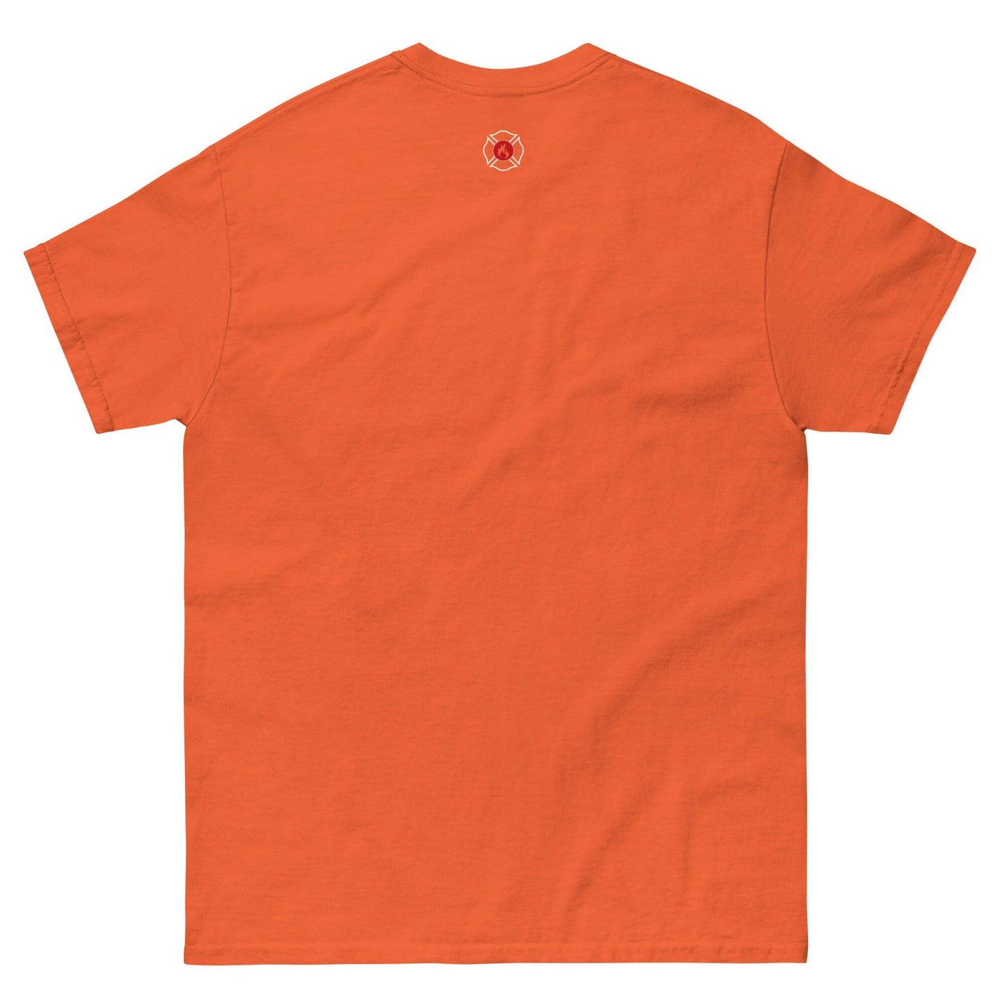 Unisex classic tee in orange, featuring a subtle firefighter emblem on the back, ideal for firefighter apparel and gifts.