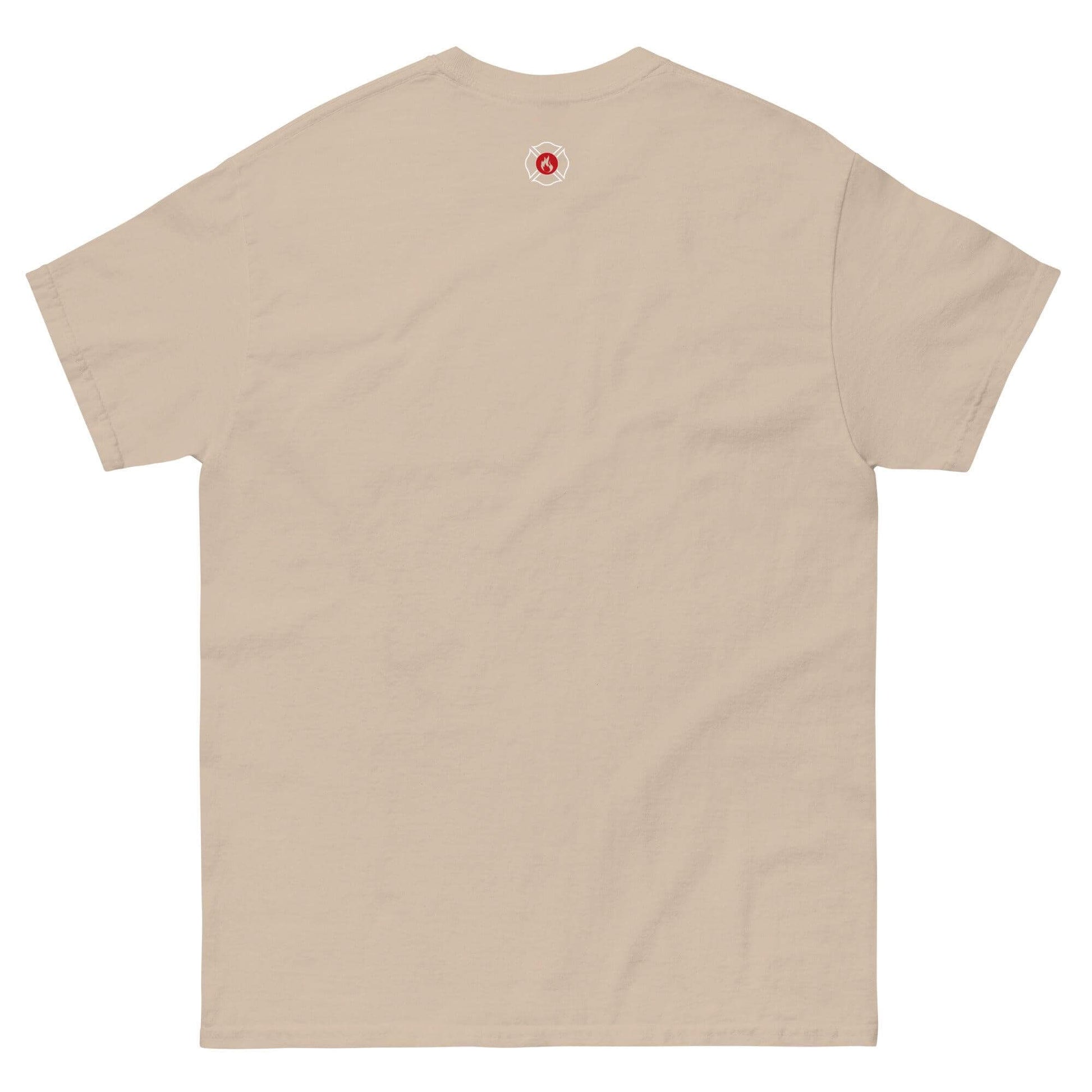 Unisex classic tee in beige with a circular logo on the back, perfect for firefighter apparel and gifts.