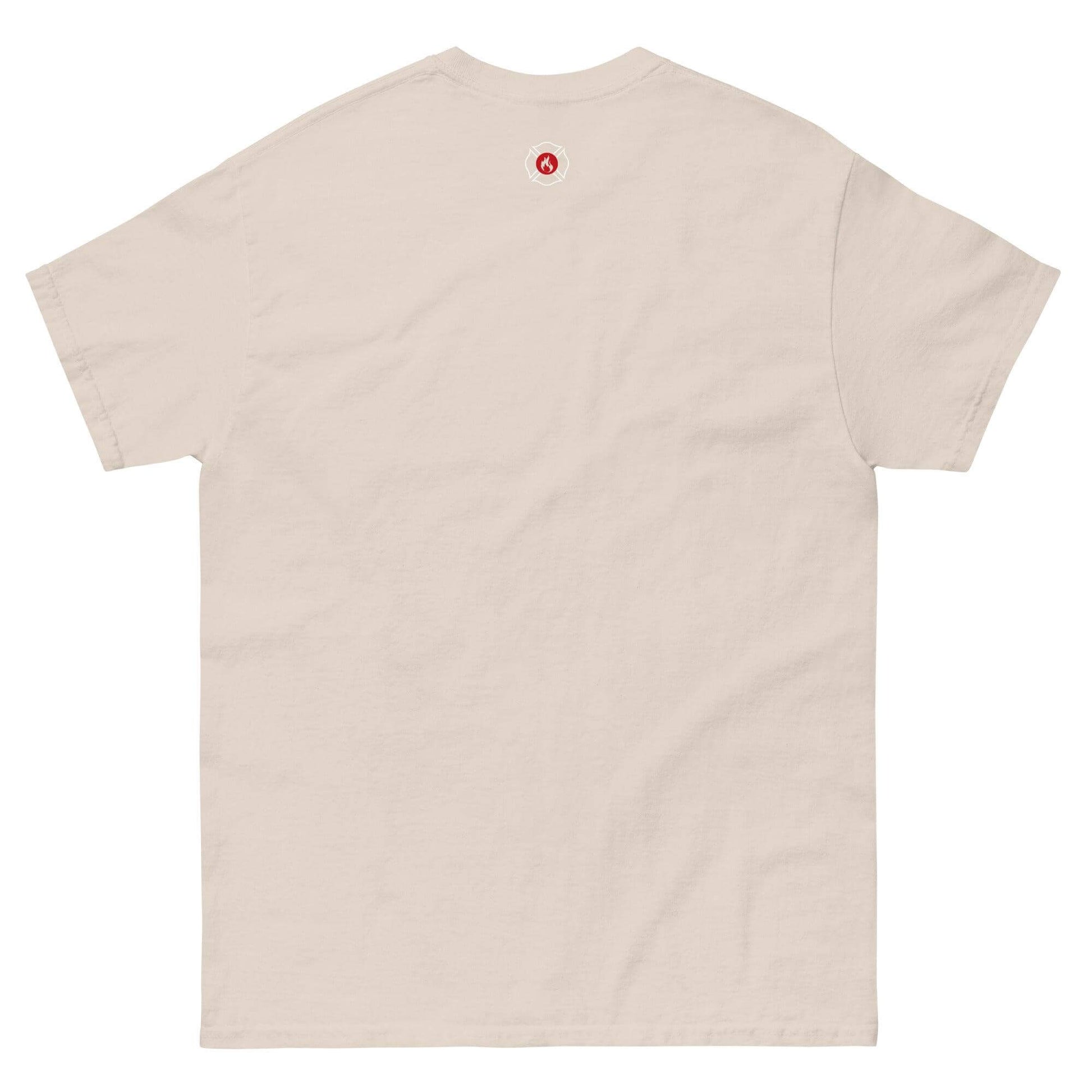 Back view of a unisex classic tee in beige, featuring a small logo, ideal for firefighter apparel and gifts.