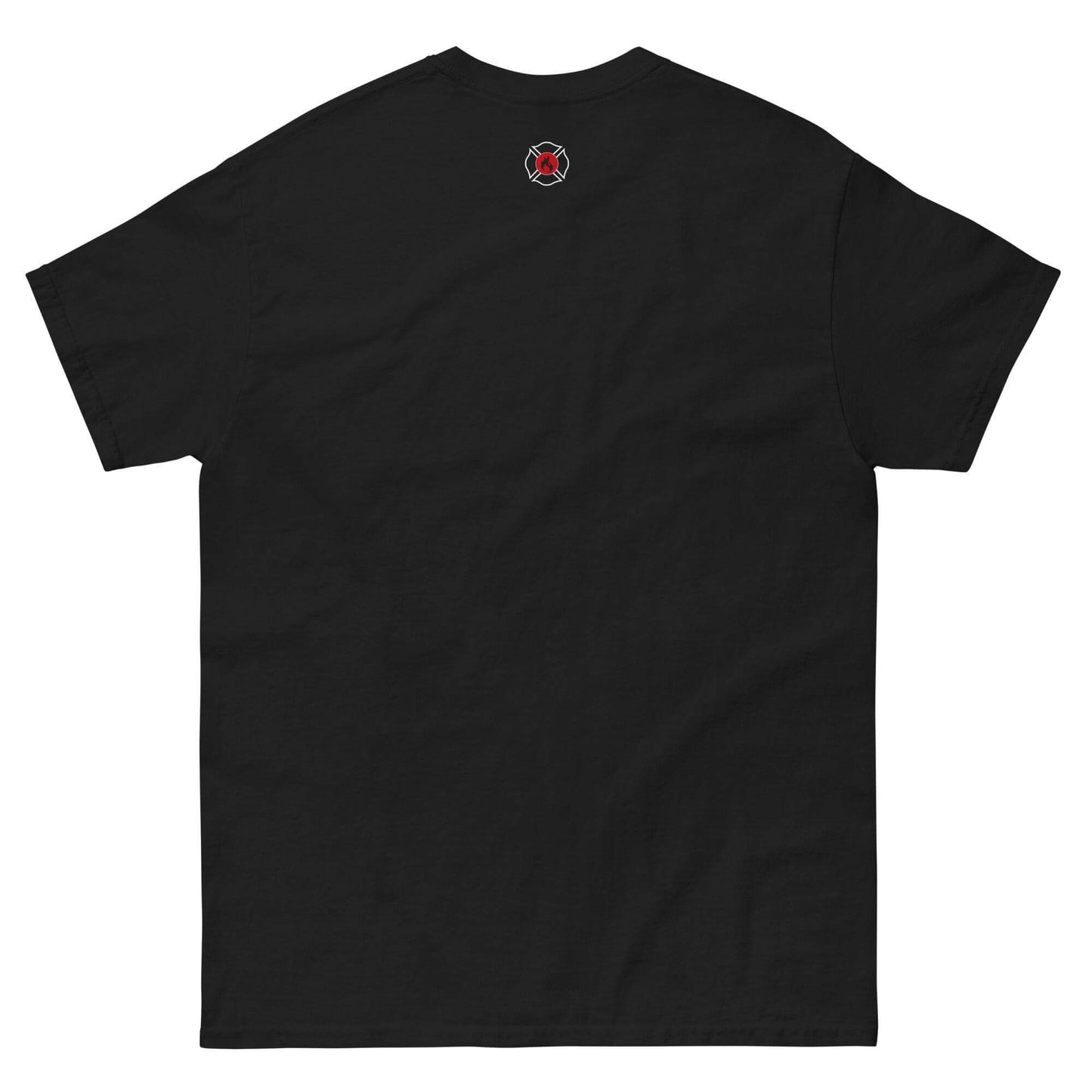 Back view of unisex classic tee in black featuring firefighter emblem design, perfect for firehouse gifts and apparel.