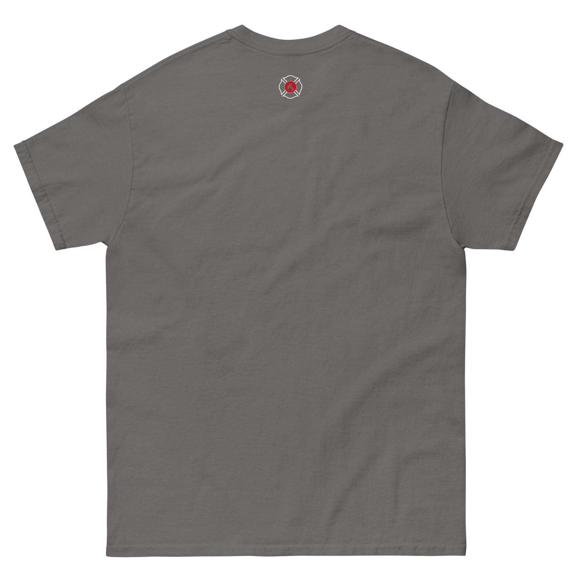 Unisex classic tee in Sport Grey with firefighter emblem on back, ideal for firefighter apparel and gifts.